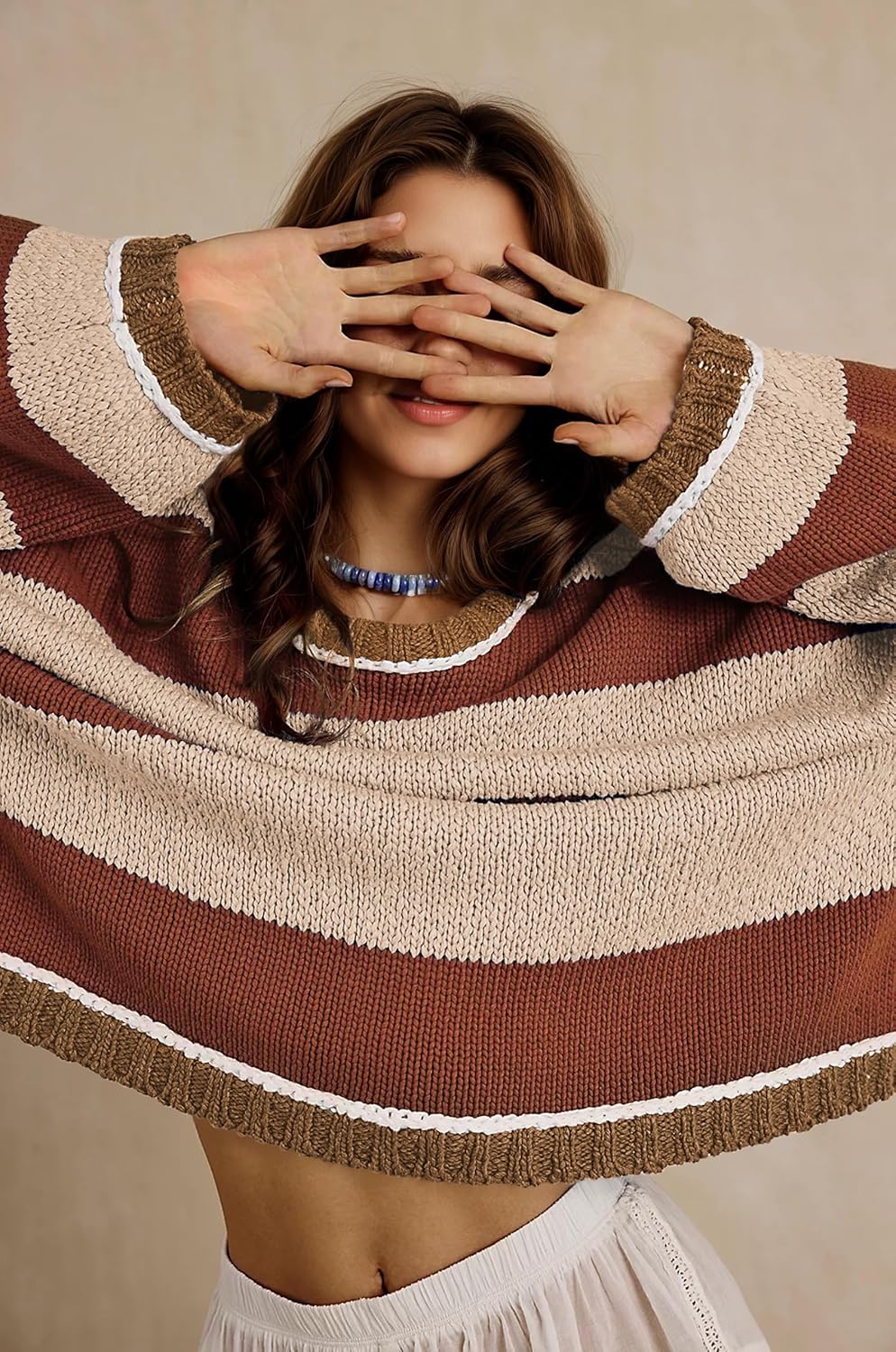 Women's Chunky Knit Striped Sweaters Casual Long Sleeve Crew Neck Oversized Pullover Sweater Winter Fall Spring Tops - Image 5