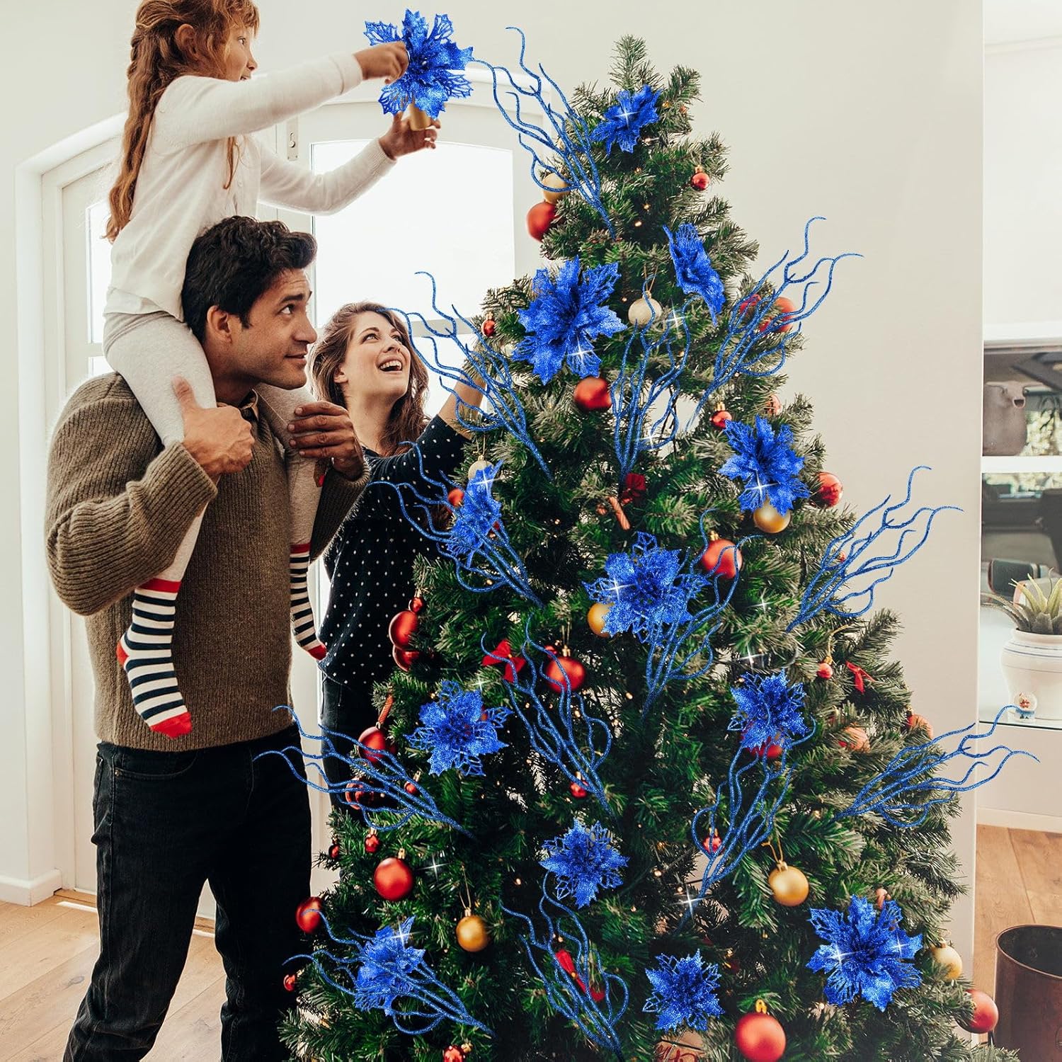 Yinder 48 Pcs Valentine's Day Glitter Poinsettia Artificial Flower with Twigs Christmas Tree Decorations Set for Wreath Table Centerpiece Xmas Wedding Holiday Party Decorations(Blue)