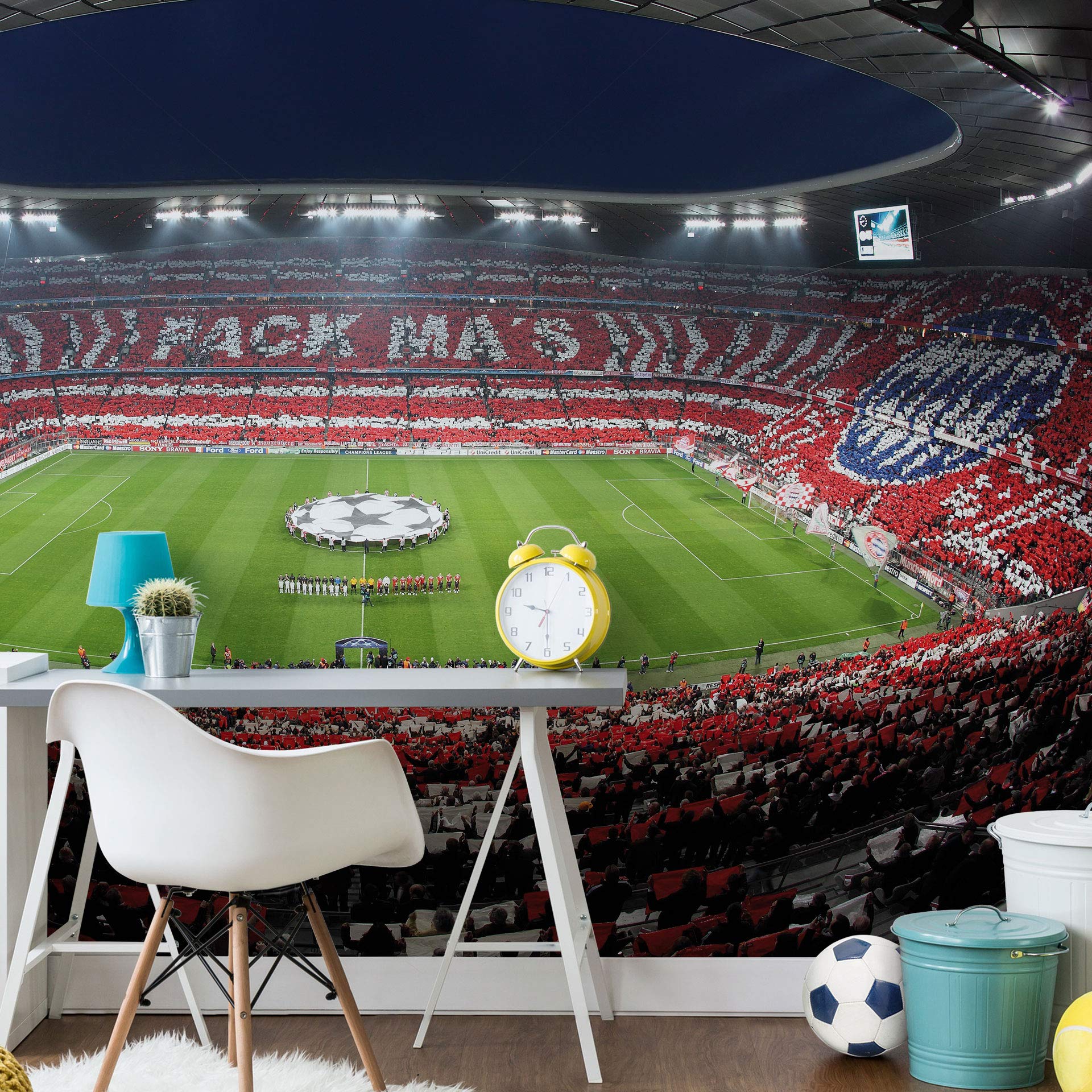 A.S. Création Fototapete - Tapete Stadion FC Bayern in Rot, Weiß und Grün - Wandtapete für verschiedene Räume - Vliestapete Wandbild XXL 384 x 260 cm