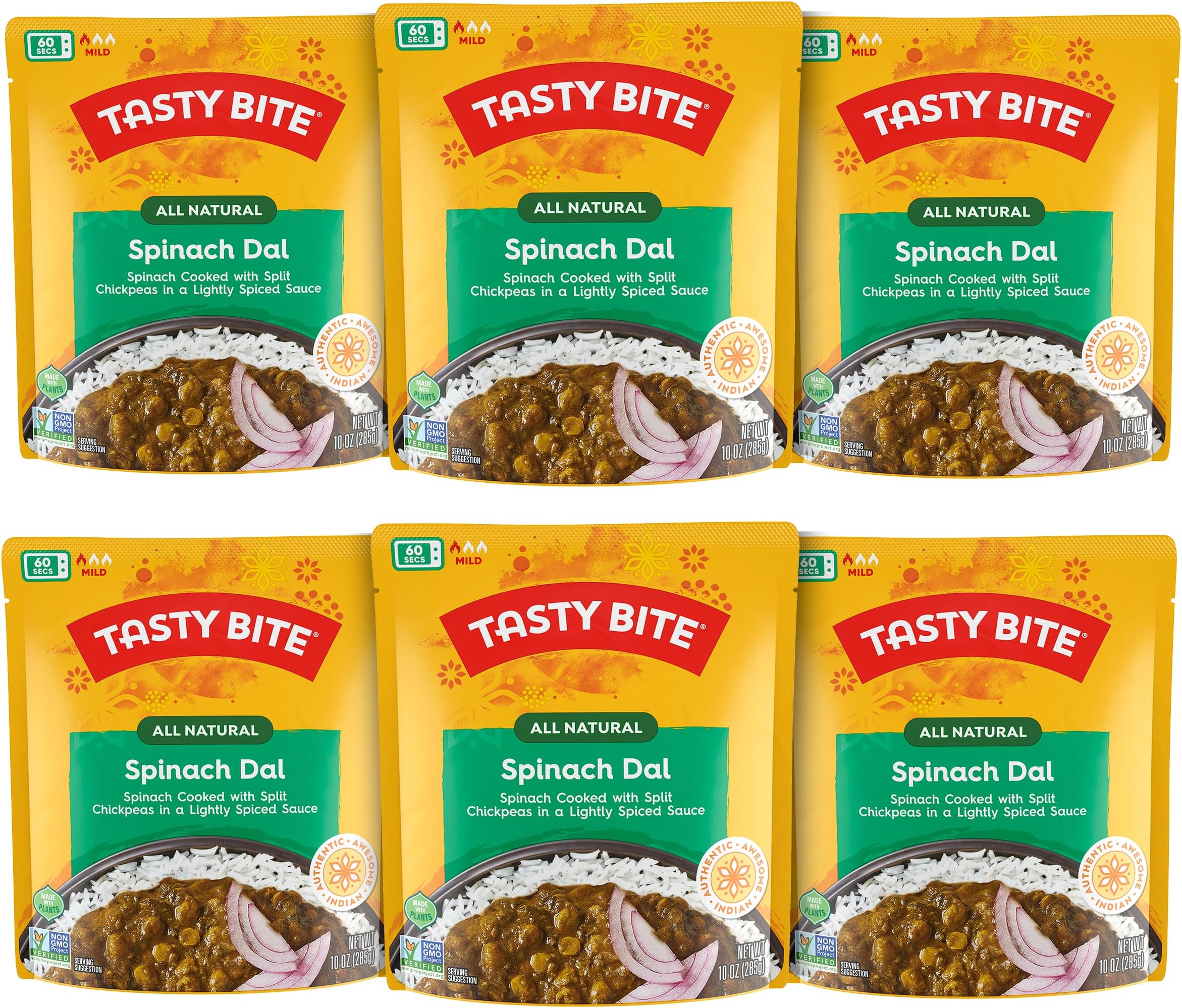 Tasty Bite Spinach Dal, Ready to Eat, 10 Ounce, Pack of 6, Microwavable With Spinach & Lightly Spiced Sauce, Vegan