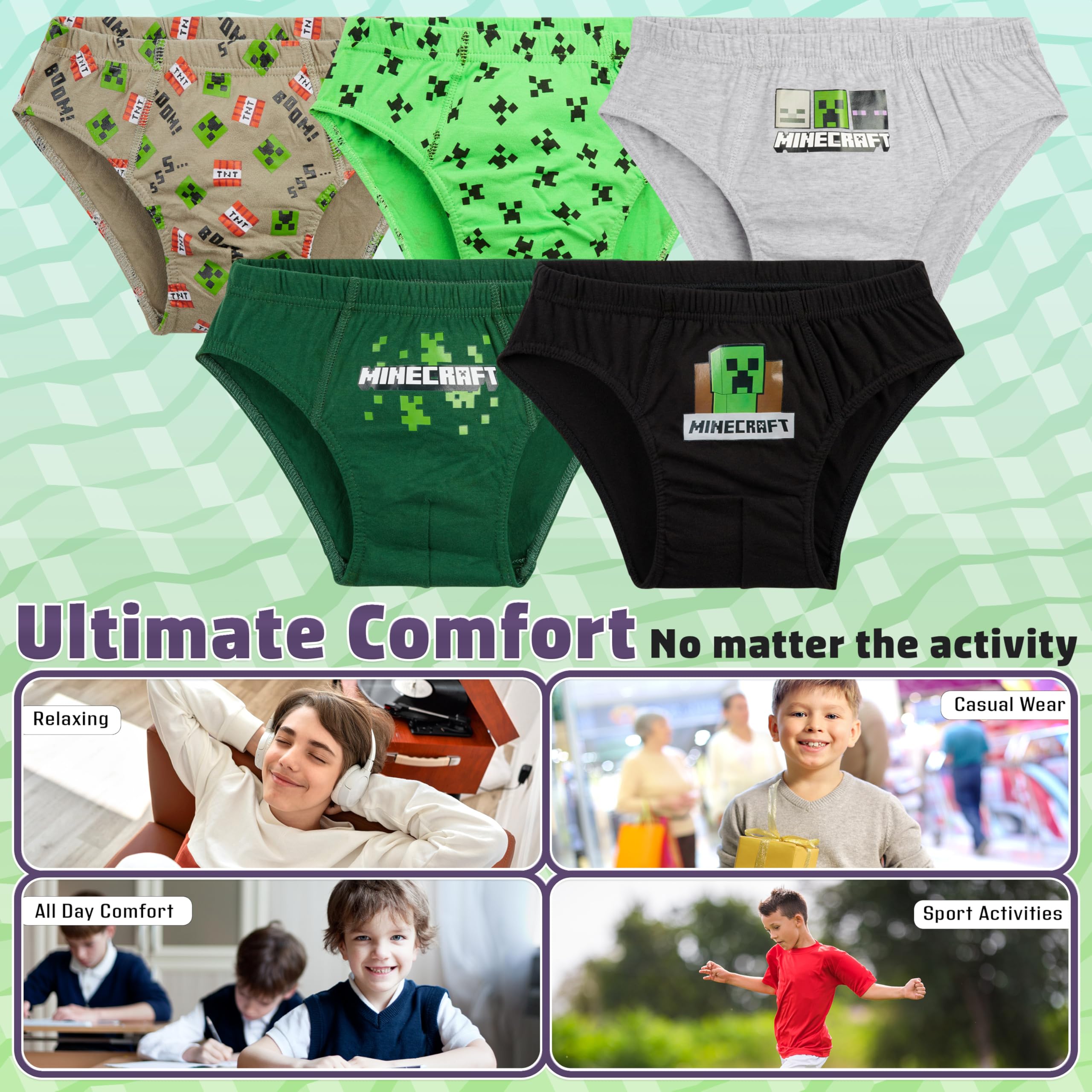 Minecraft Slips Garçon, Lot de 5 sous-Vêtements Coton Doux et Respirant - Cadeau Enfant