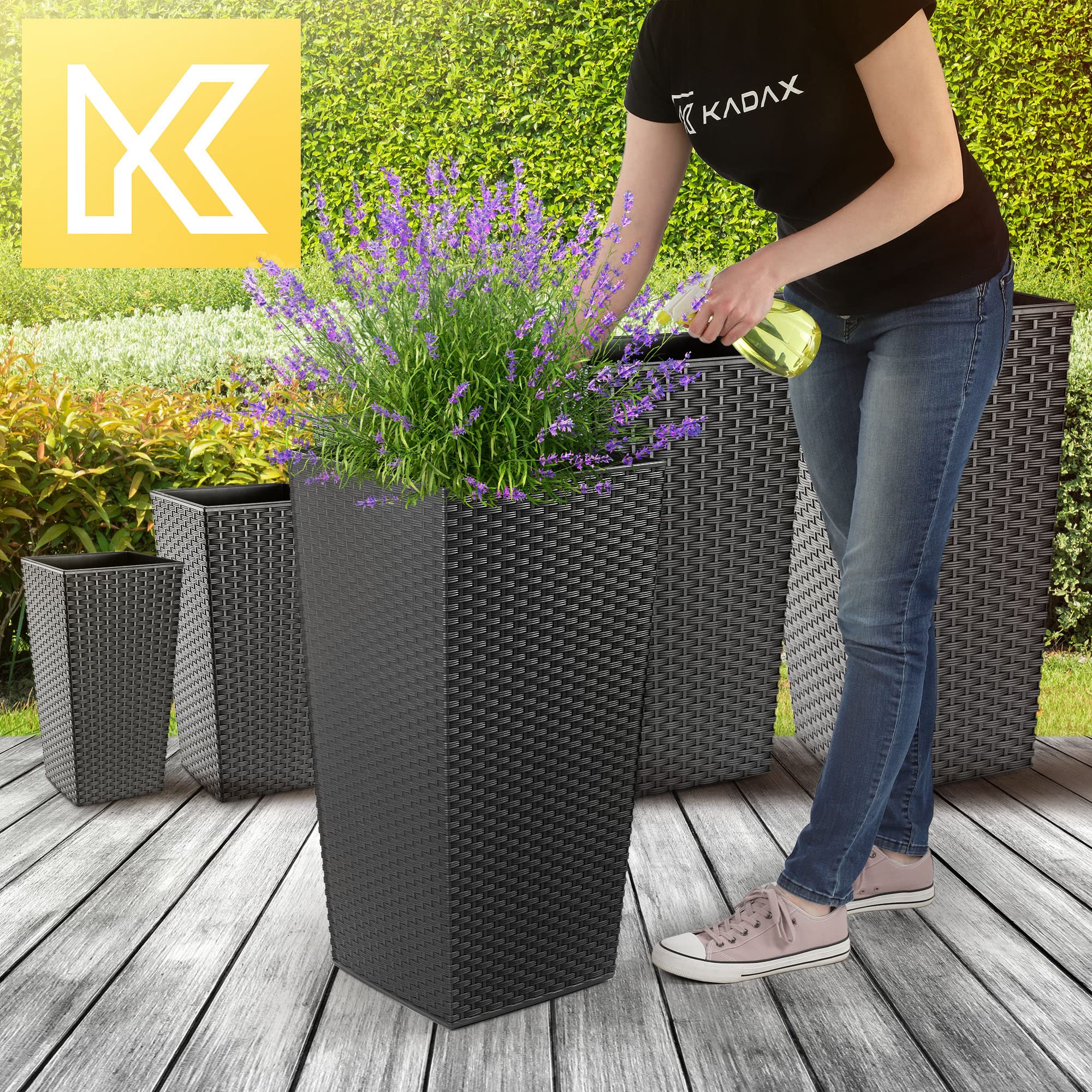 KADAX Juego de macetas, maceteros de plástico, Juego de macetas, macetas Resistentes a la Intemperie, para Interiores y Exteriores, maceteros Resistentes a la (ratán de Grafito, Juego de 3 Unidades)