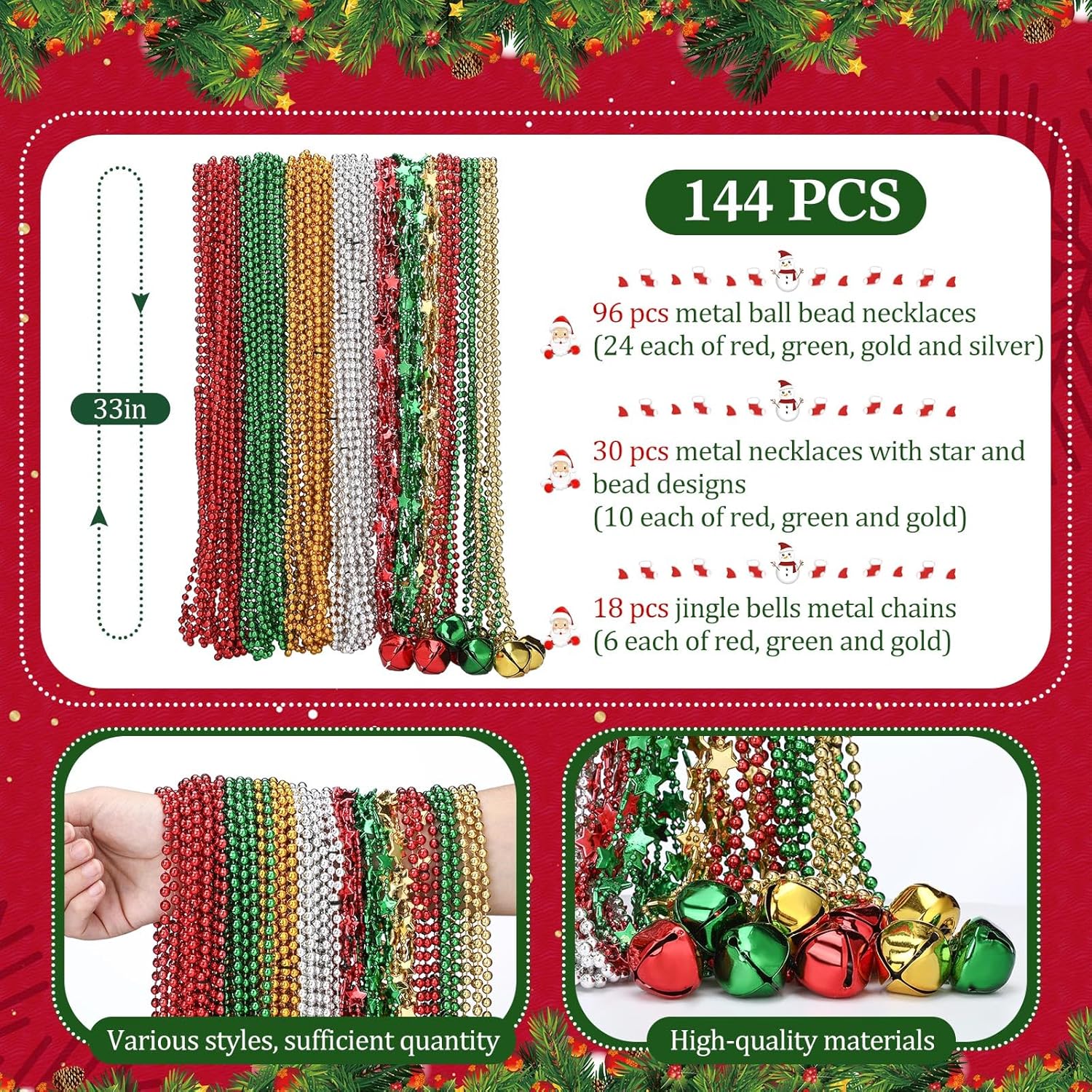 120 Pcs Christmas Party Favors Bulk Christmas Bead Star Necklaces Jingle Bell Necklaces Santa Xmas Tree Snowman Elk Headbands Glitter Glasses Frame for Xmas Costume (Classic)