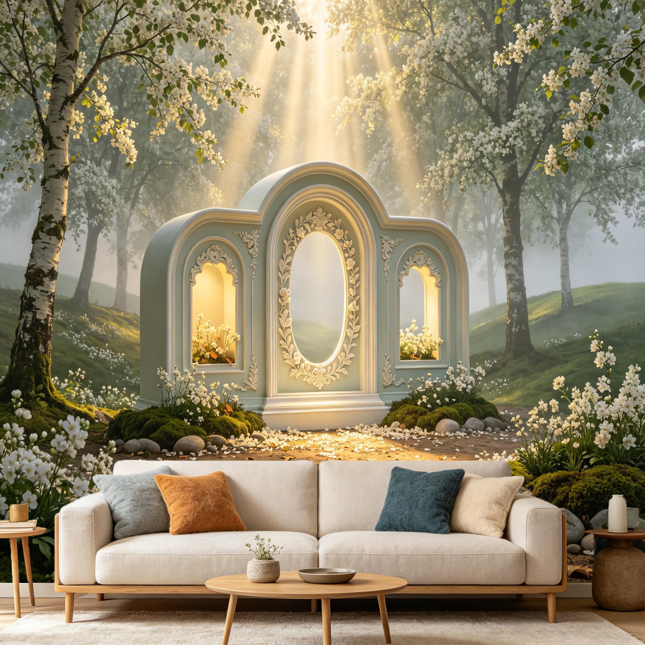 Custom Size Wall Mural， 3D Neoclassical Archway Sunlight Forest Scenic， SelfAdhesive Art Prints wall Fabric Removable Large Wallpaper Home Living Room Decor