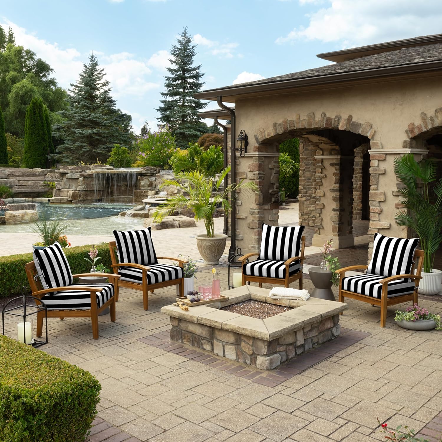 Arden Foam Outdoor Deep Seat Cushion Set, 24 x 24, Made with ProFoam, Rain-Proof, Fade Resistant, Black Cabana Stripe