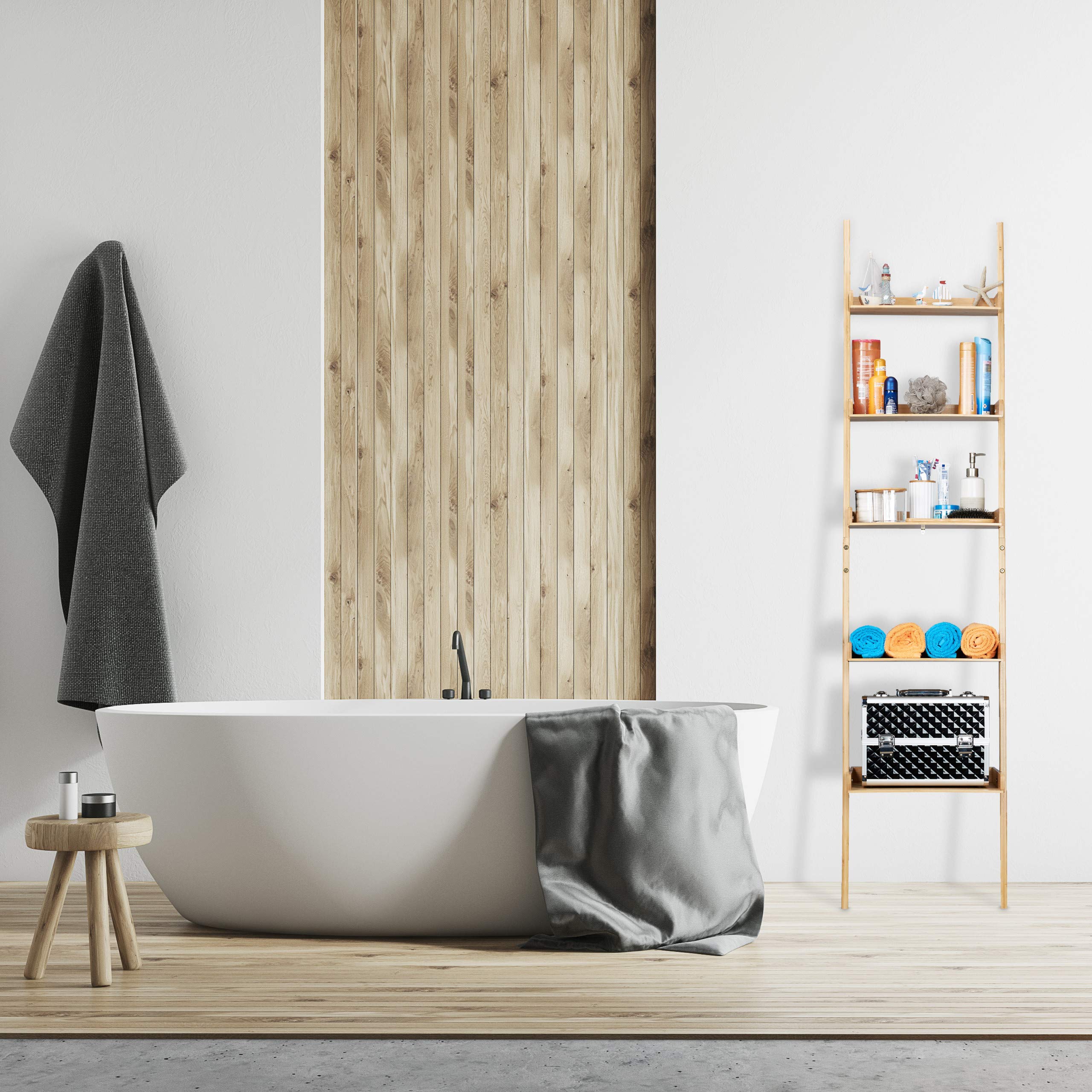 Relaxdays étagère en Bambou, 5 étages, Salle de Bain, Cuisine, Salon, étagère à Placer au Mur, 190 x 45 x 40 cm, Nature