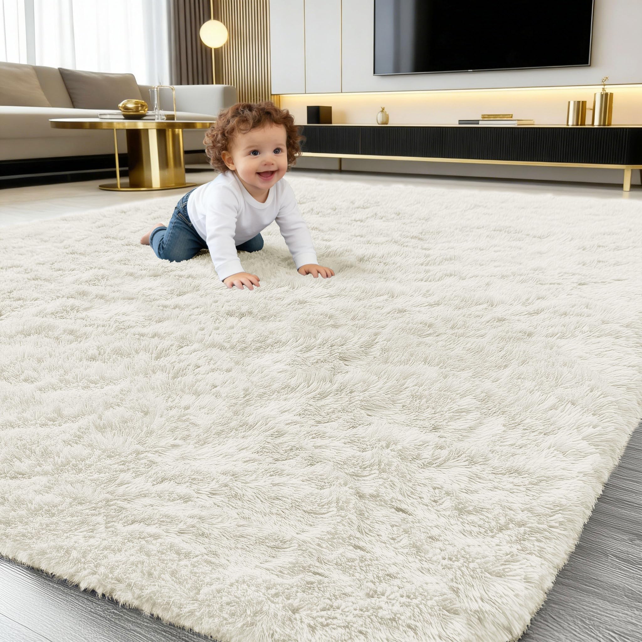 smiry Fluffy High Pile Rugs Living Room, Large Anti Slip Shaggy Soft Carpet, Machine Washable Modern Thick Area Rugs for Bedside, Kids Bedroom - Creme, 200 x 280 cm