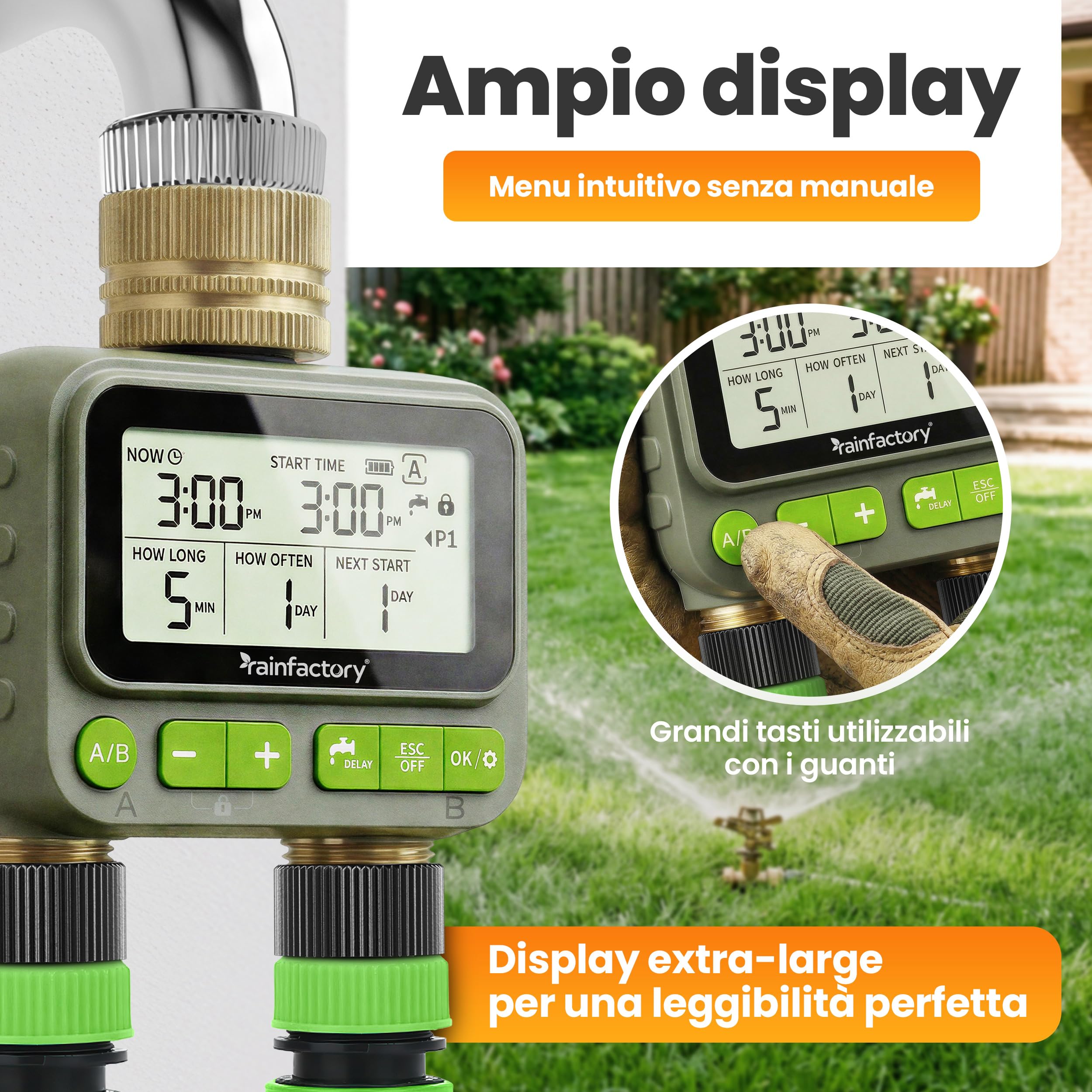 rainfactory - timer irrigazione 2 vie, centralina irrigazione a batteria IP65 con display LCD, 4 programmi, manuale, delay pioggia, raccordo ¾" per giardino, balcone, vasi, goccia a goccia domestico!