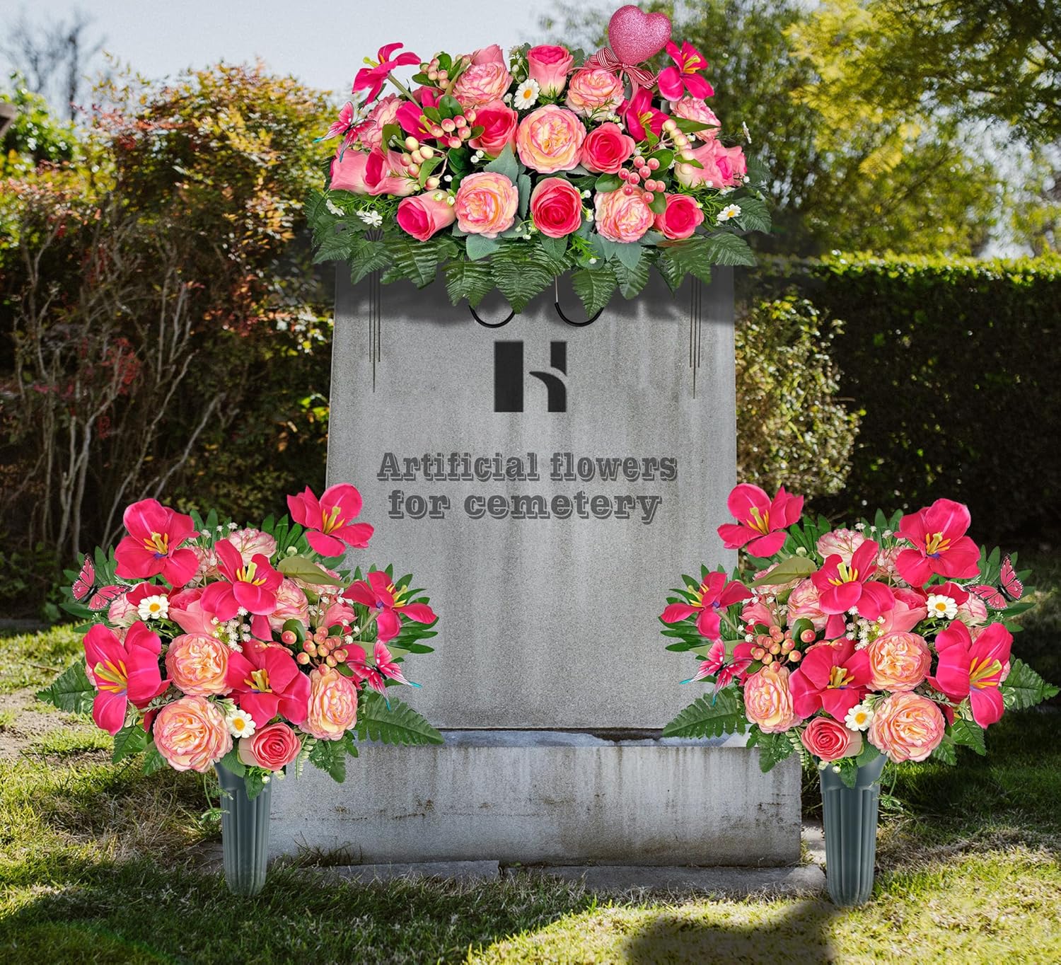 Artificial Cemetery Flower Bouquet with Grave Vase and Headstone Flower Saddle for Tombstone Decoration-Tulips in Bloom Pink Ranunculus,Easy Fit and Colorfast - Image 8