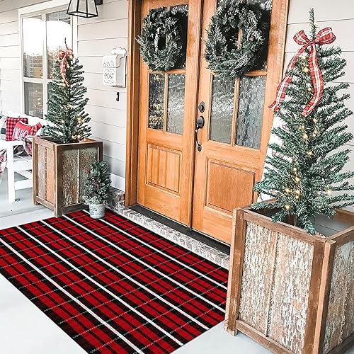 Miniatura 9 de KIMODE Tapete de Navidad para puerta de exterior de 35 x 59 pulgadas, alfombra de cuadros rojos y negros, alfombra de algodón lavable a mano,