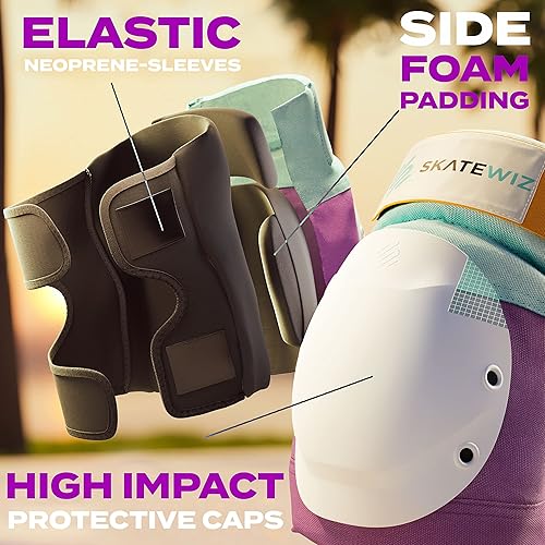 Miniatura 3 de SKATEWIZ Almohadillas de patineta para adultos 6 piezas Coderas de escudo rodilleras y muñequeras equipo de protección en color negro para mujeres y