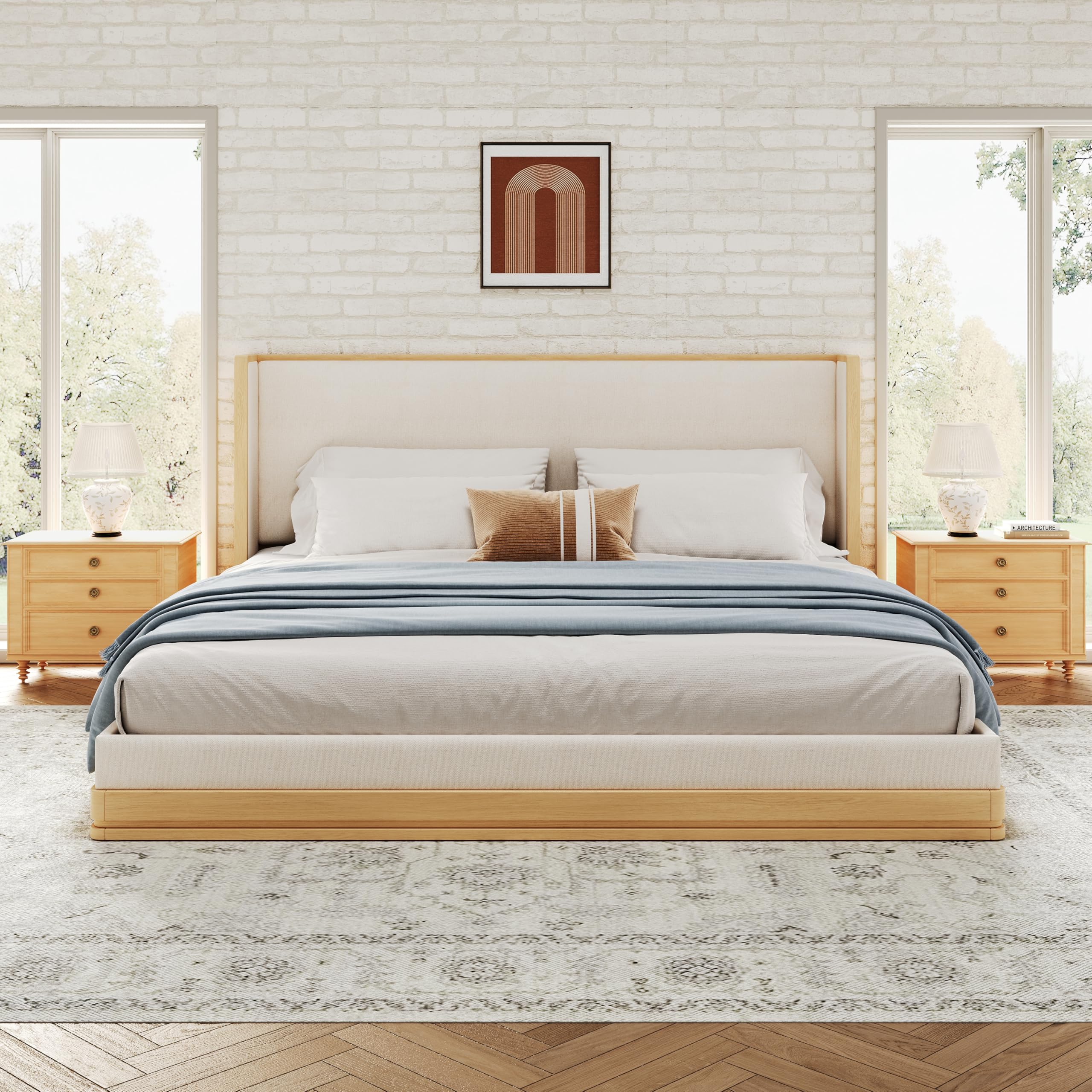 Photo 1 of ***The headboard is dirty; it needs to be cleaned.***Christopher Knight Home Lavia Fabric Upholstered King Size Bed Frame with Headboard, Modern King Bed Frame and Headboard, Wooden Slats Support, Easy Assembly, No Box Spring Needed, Beige+Natural