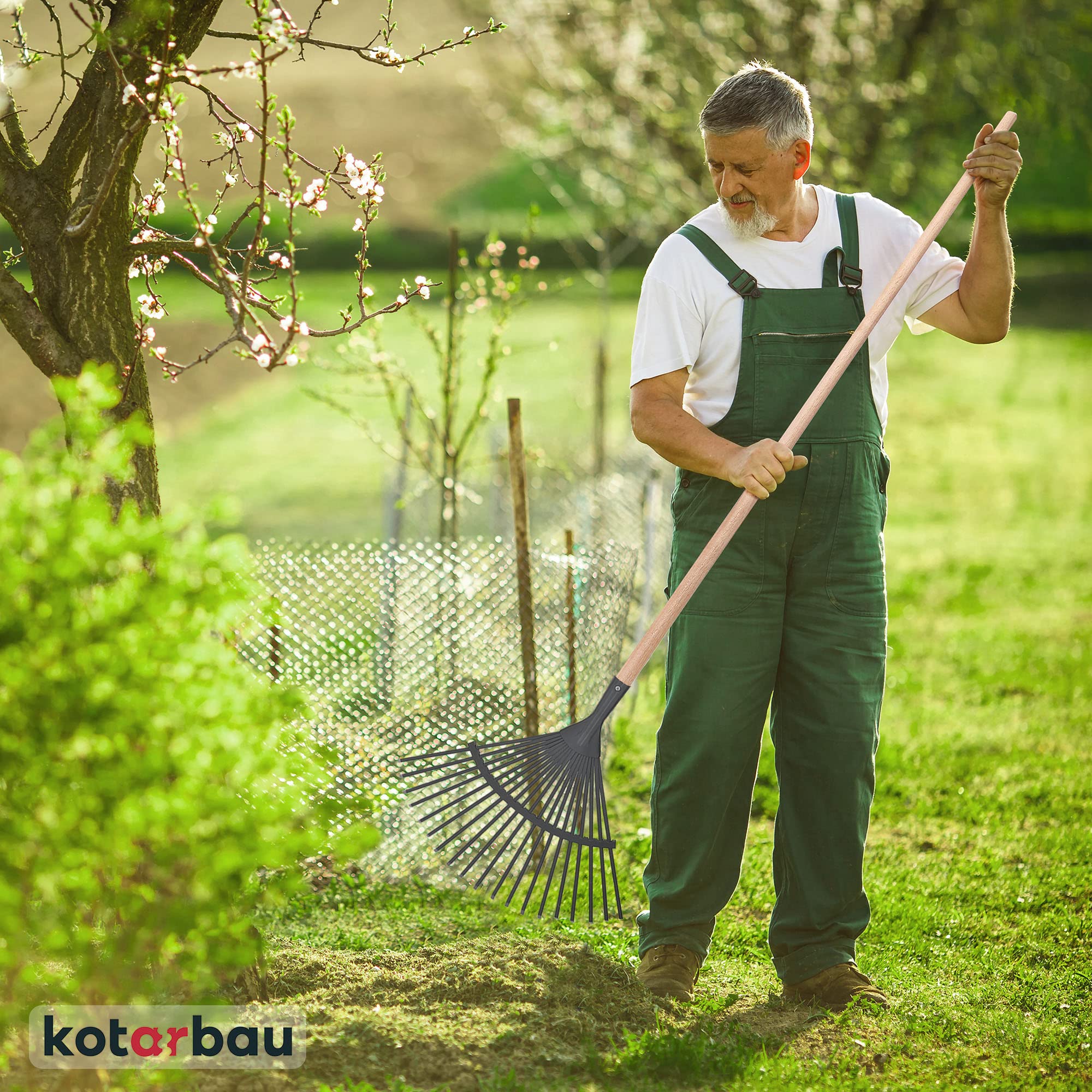 KOTARBAU® Rastrillo Jardín - Acero - 41 cm - Rastrillo Hojas Jardín - con Mango 187 cm - Herramienta Robusta para Jardinería - Gris y Madera Natural
