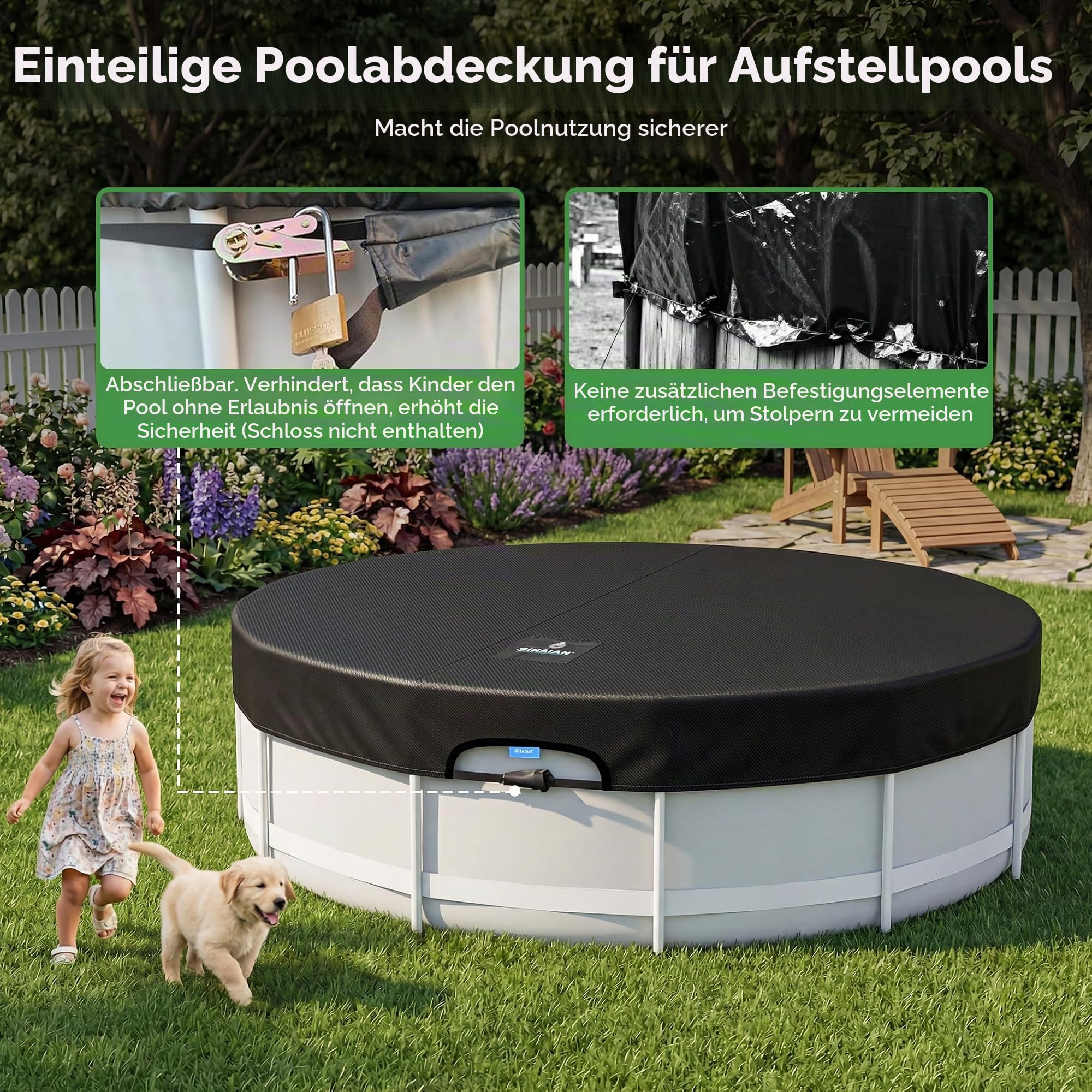 SIHAIAN Rundpoolabdeckung 427cm, Solar Poolabdeckung mit automatischem Abfluss für Aufstellpools, UV-Beständig, patentiertes einteiliges Spannsystem, verhindert Wasseransammlungen