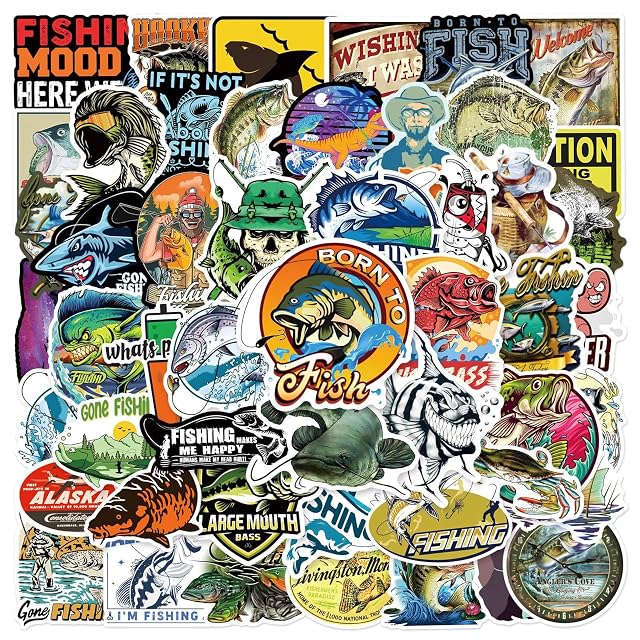 Paquete de 50 calcomanías de pesca al aire libre, calcomanías de pesca y caza de vinilo, impermeables