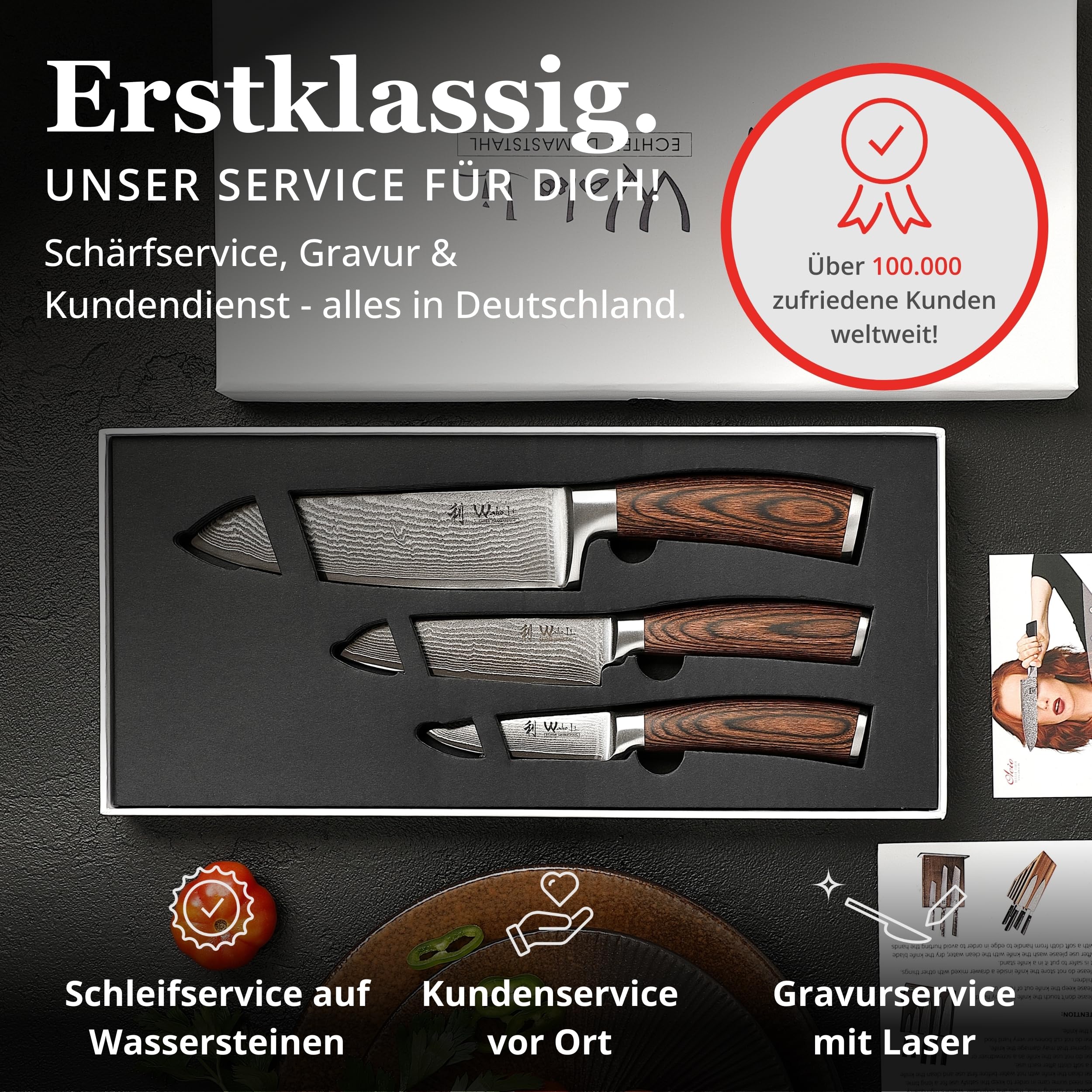 Wakoli EDIB Messerblock-Set mit 3 Damastmessern, 67 Lagen und VG10-Kern | Santoku 17 cm, kleines Santoku 12 cm, Officemesser 8,5 cm; magnetischer Messerblock aus Holz, Pakkaholzgriffe, Holzbox