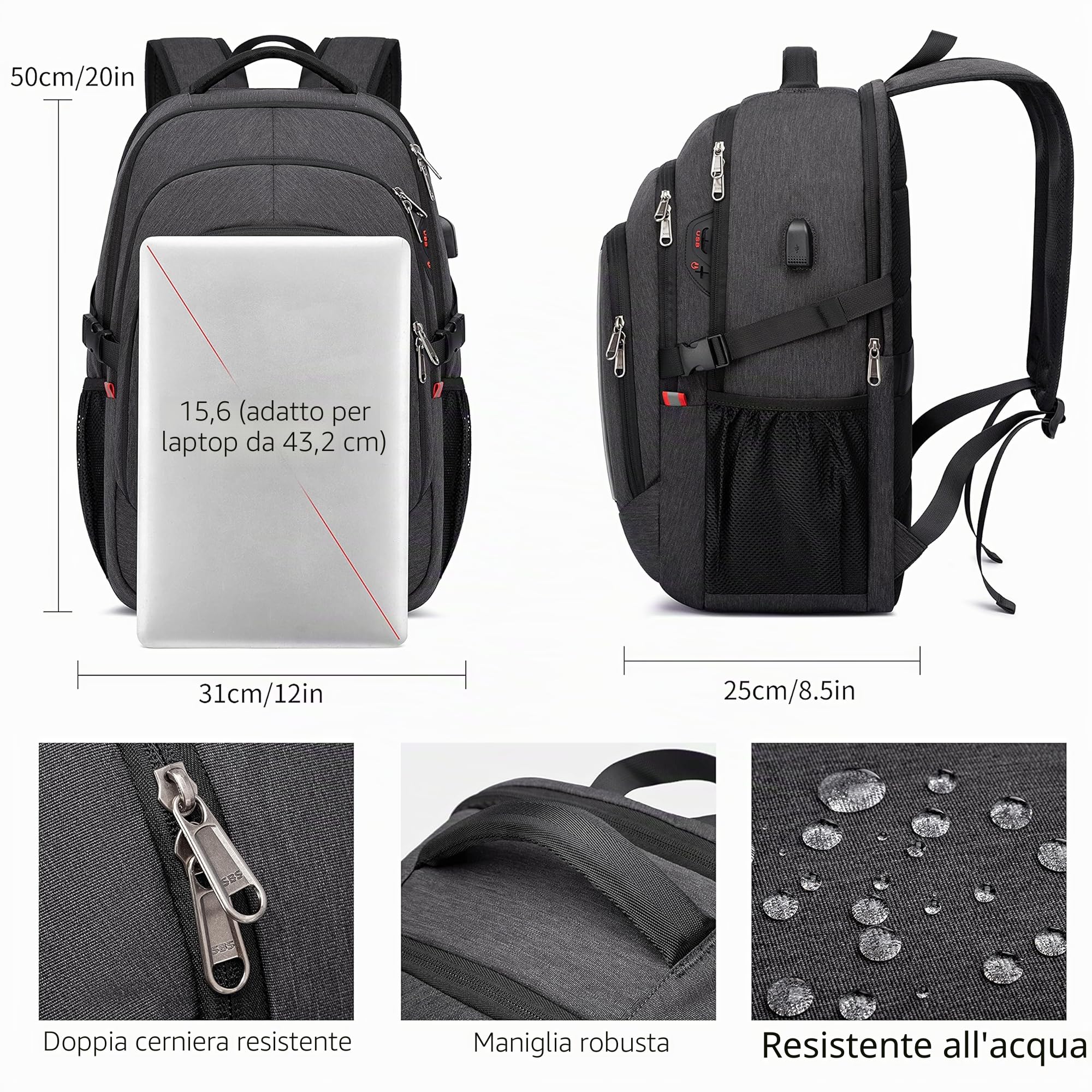 Cafele Zaino antifurto RFID Zaino Scuola per Laptop Zaino per Adolescenti Bookbag Zaino Medio per Computer con Porta di Ricarica USB, Zaini idrorepellenti per Uomo Donna Viaggio di Lavoro
