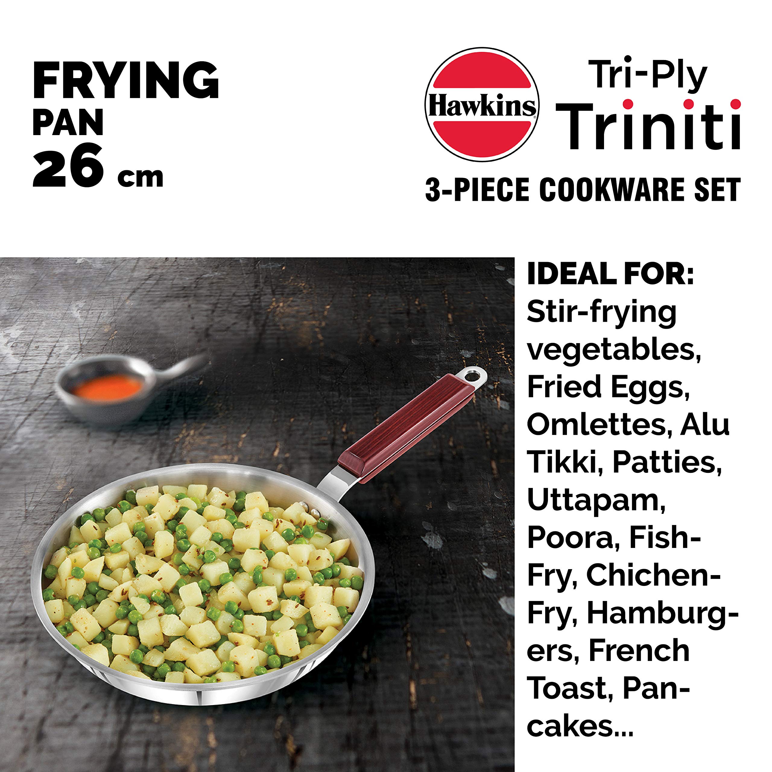 Hawkins Triniti 3 Pieces Triply Stainless Steel Cookware Set 1 - Frying Pan, Tava, Deep-Fry Pan with Glass Lid, Silver (SSET1) 3