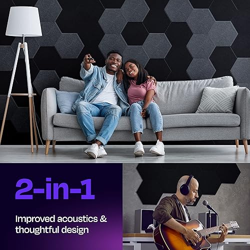 Miniatura 2 de Ekkogo - Paneles insonorizantes de alta densidad para pared, forma hexagonal, paquete de 12 unidades de 12" x 10.4" x 0.4", color negro intenso