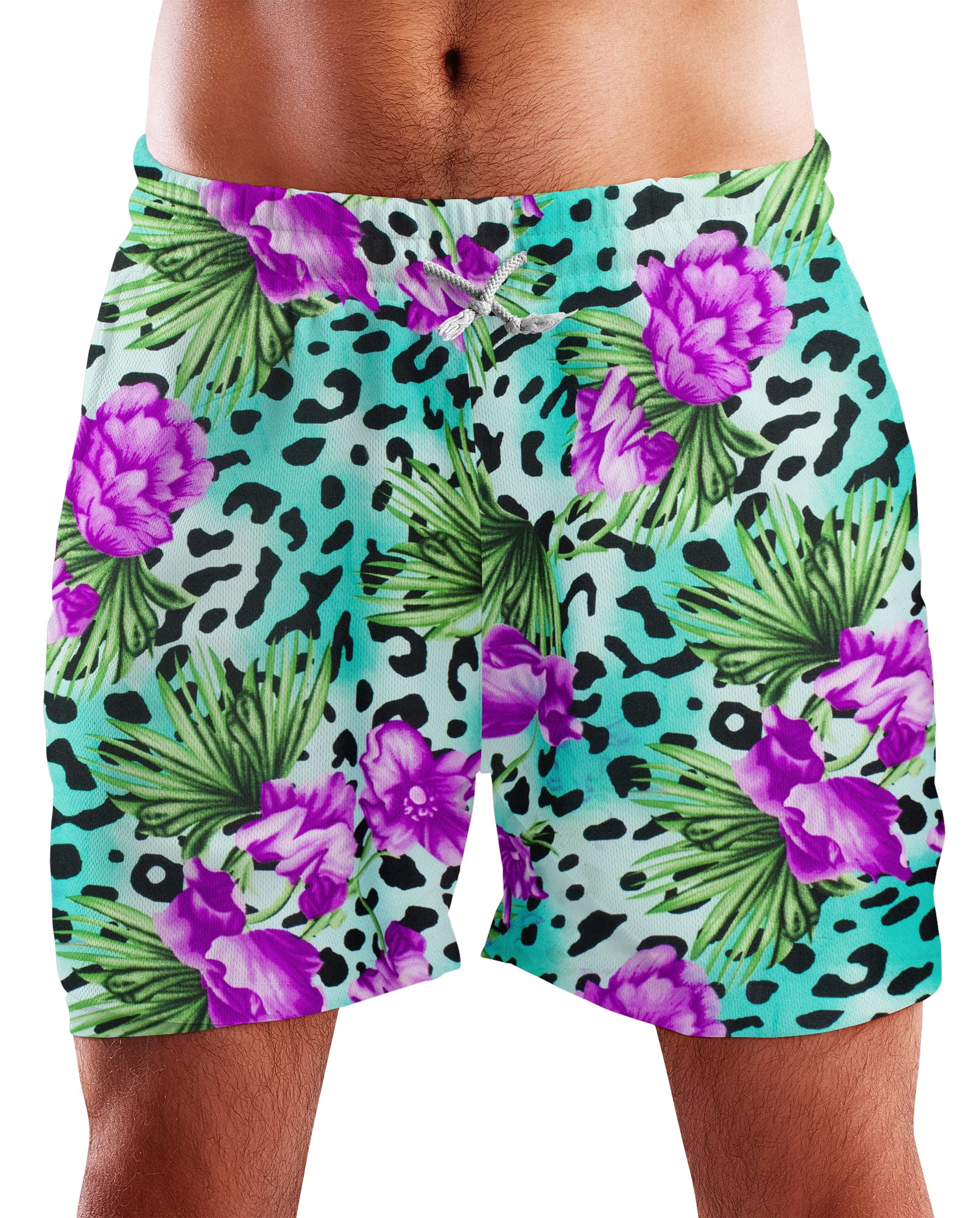 King Kameha Funky Hawaiian Board-Shorts Trunks Swim-Pants, Leopard Flowers, Turquoise, L
