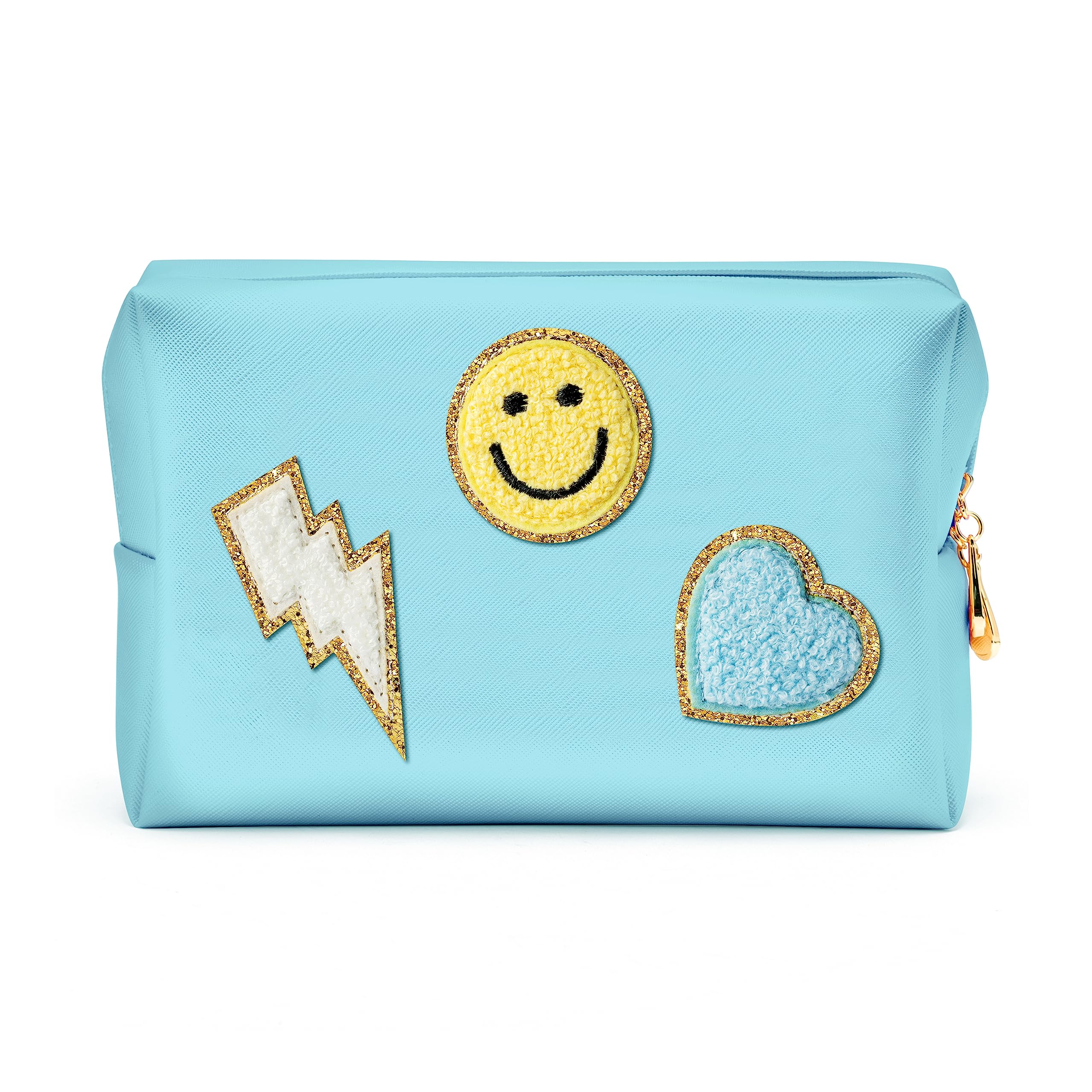 LieToi Preppy Patch Cosmetic Toiletry Bag, PU Leather Portable Waterproof Makeup Bag Smile Lightning Heart Organizer Compliant Bag Daily Travel Use