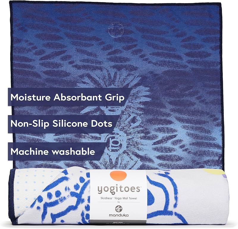 Toalla Yogitoes Hot Yoga Mat - 71" | Agarre activado por humedad | Nubos de silicona patentados | Cuidado altamente absorbente, duradero y fácil | Hecho de materiales reciclados | 71 x 24 pulgadas | Chakra Print Blue