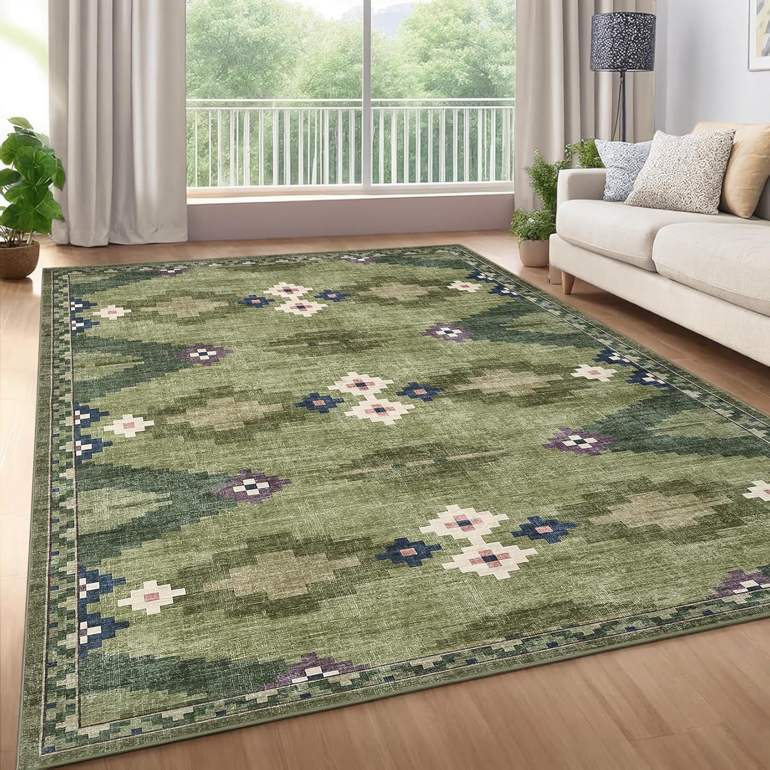 Mid Century Green Rug 5x7 Washable Large Living Room Area Rugs Non Slip Stain Resistant Boho Tribe Bedroom Throw Carpet Soft Geometric Modern Rugs for Dining Room Dorm Nursery Home Office, Green