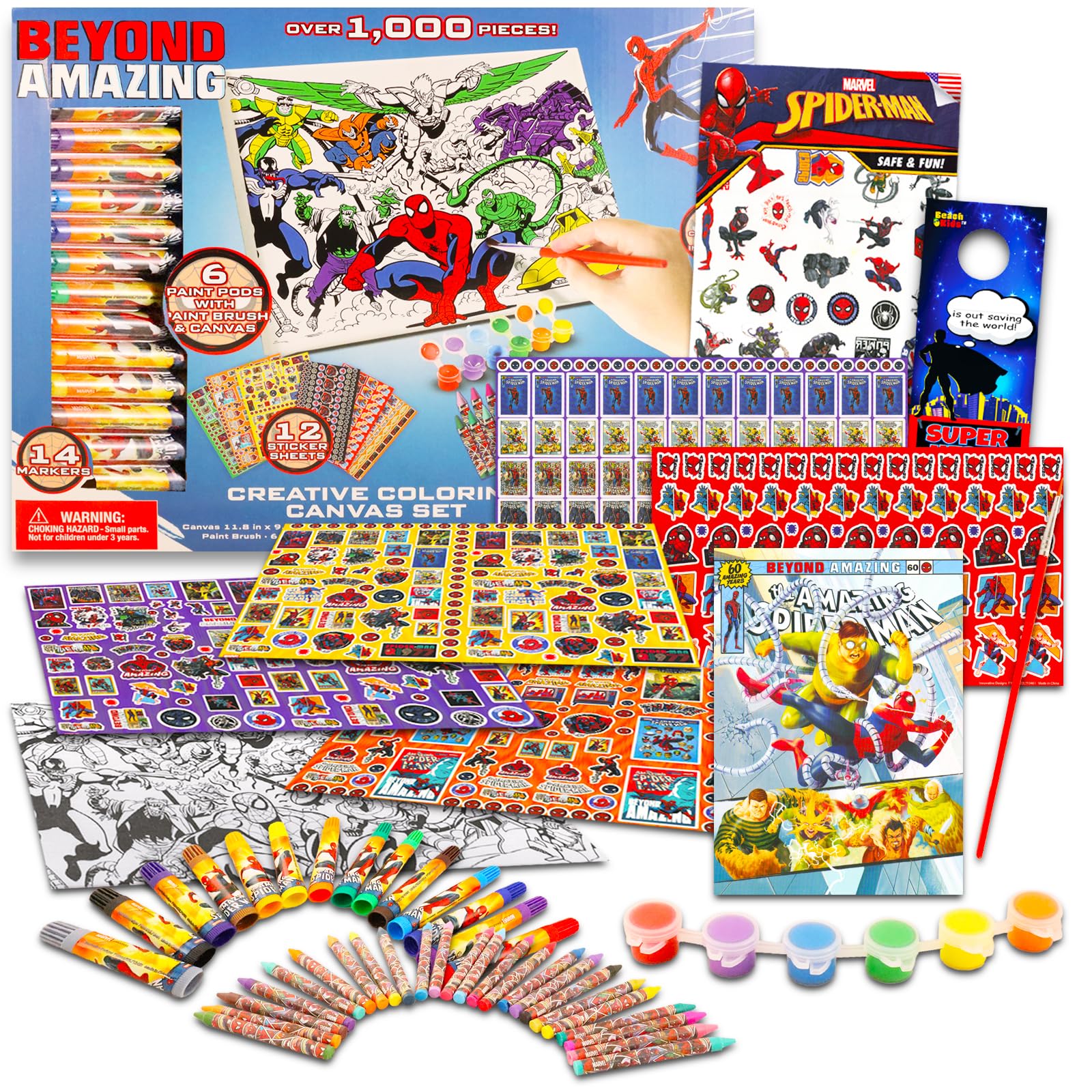 Marvel Spiderman Painting Set for Kids - 1000+ Pc Spiderman Arts and Crafts Bundle with Canvas, Paint, Coloring Pages, Stickers, and More for Kids |