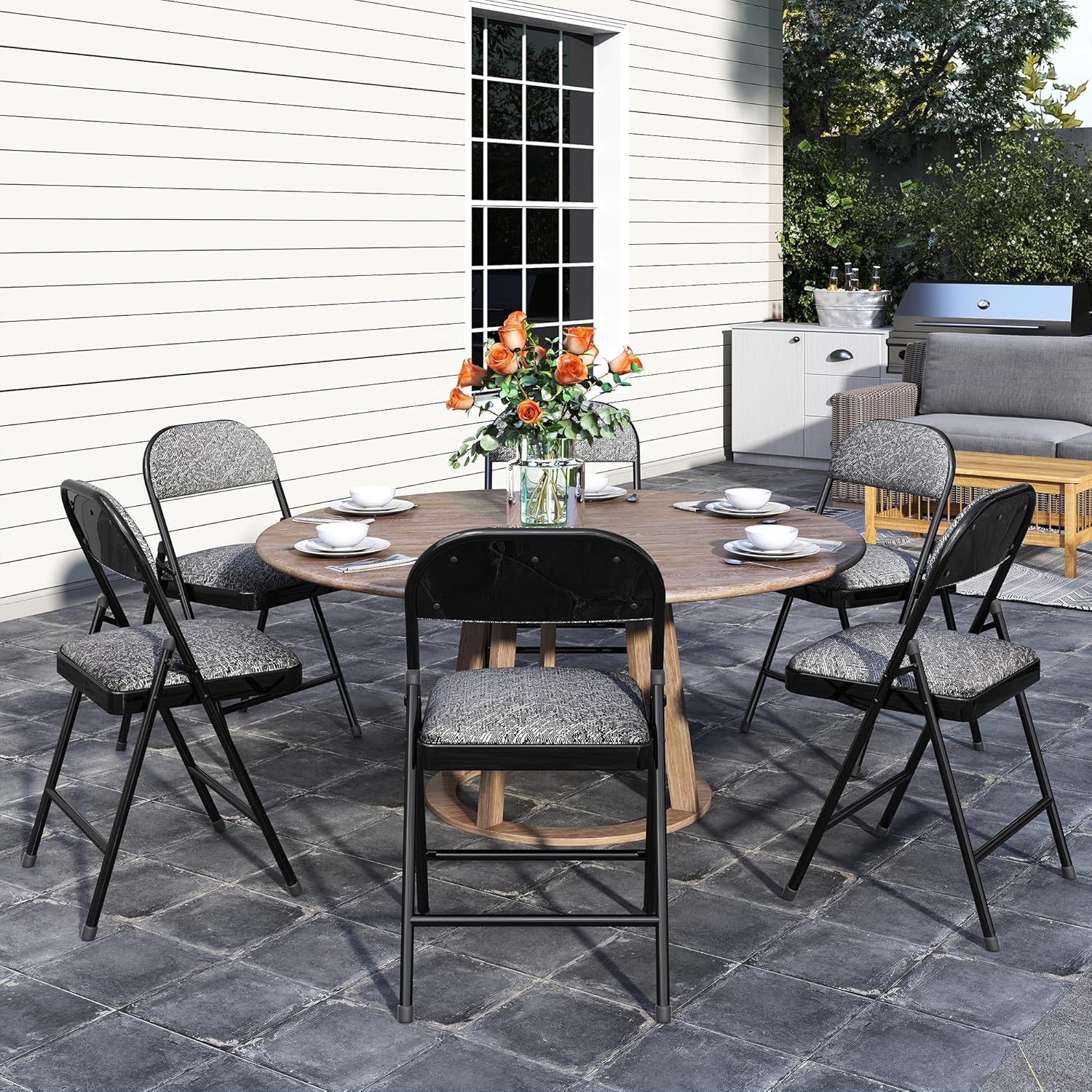 4 Pack Padded Cushion and Back Folding Chairs, Fabric Dining Chair Set with Steel Frame Metal for Home and Office, for Indoor and Outdoor Events, (Fabric Gray)