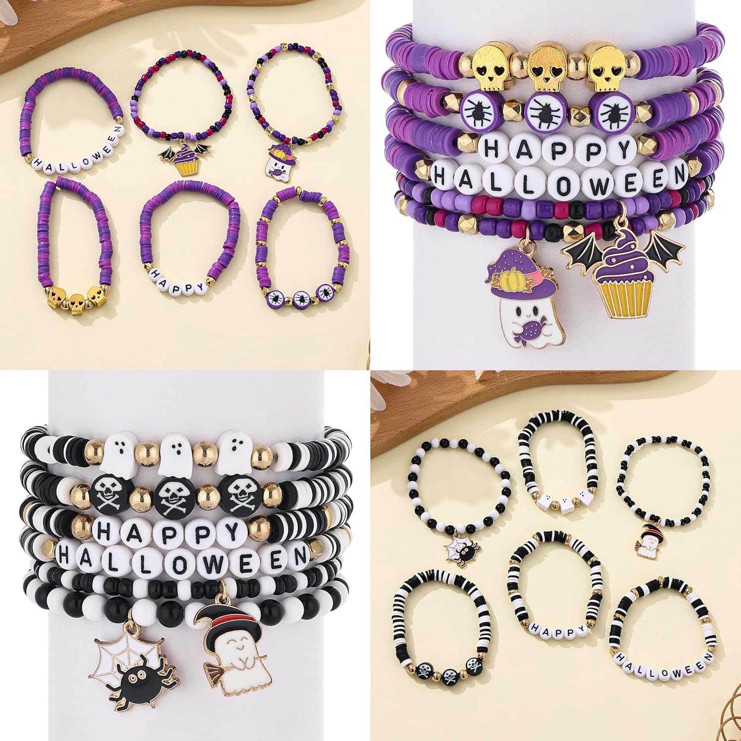 24Pcs Beaded Friendship Bracelets for Women Bulk Handmade Stackable Clay Beads Bracelets Halloween Thanksgiving Christmas Bracelets Holiday Jewelry for Women