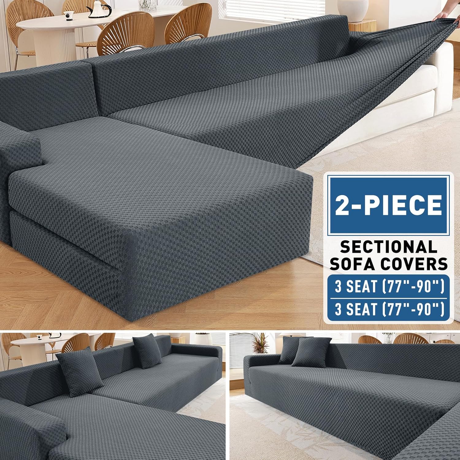 ZNSAYOTX Sectional Couch Covers, Stretch Jacquard Slipcovers with Elastic Bottom for L-Shape Sectional Sofa, 2 Pcs Pet Friendly Modular Sofa Protector (3 Seat Couch + 3 Seat Chaise, Dark Grey)