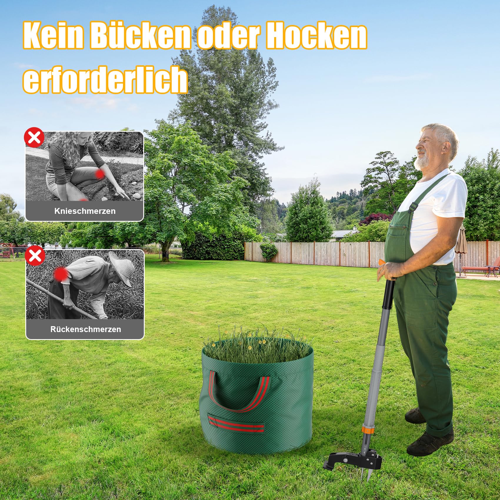 Stand-Up Unkrautstecher mit Teleskopstiel (98–117 cm), 4 Edelstahl-Krallen & automatischer Rückstellung, Unkrautentferner ohne Bücken, inklusive praktischer Gartentasche