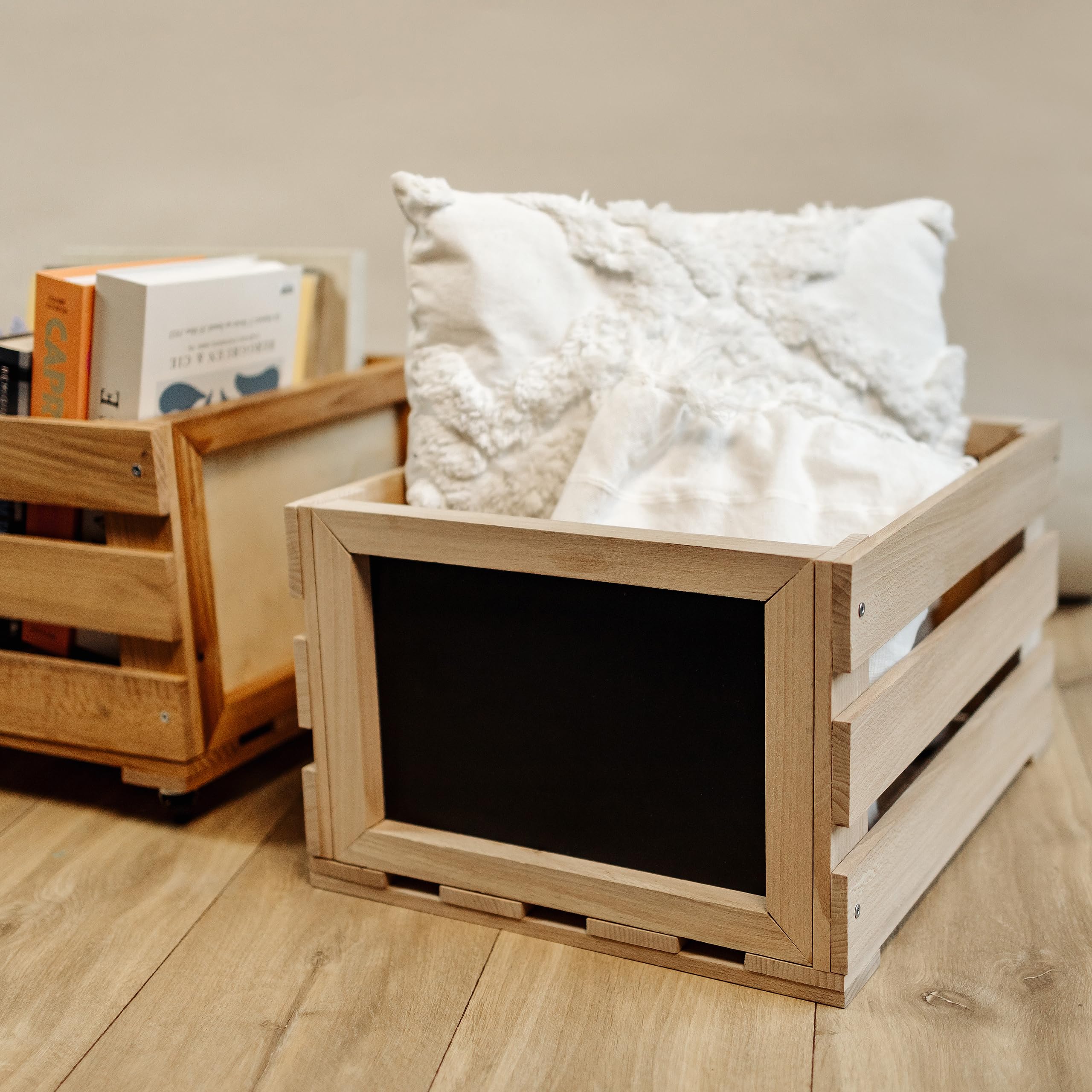 Creative Deco Porta Vinili con Lavagna, 46 x 36 x 29 cm | In legno di faggio, con lavagna, capacità fino a 80 dischi, contenitore da terra per vinili