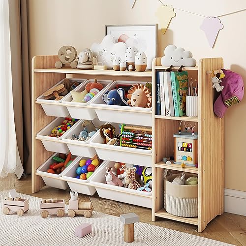 Organizador de almacenamiento de juguetes para niños, estante de madera con 3 niveles y 9 contenedores de almacenamiento, organizador de habitación