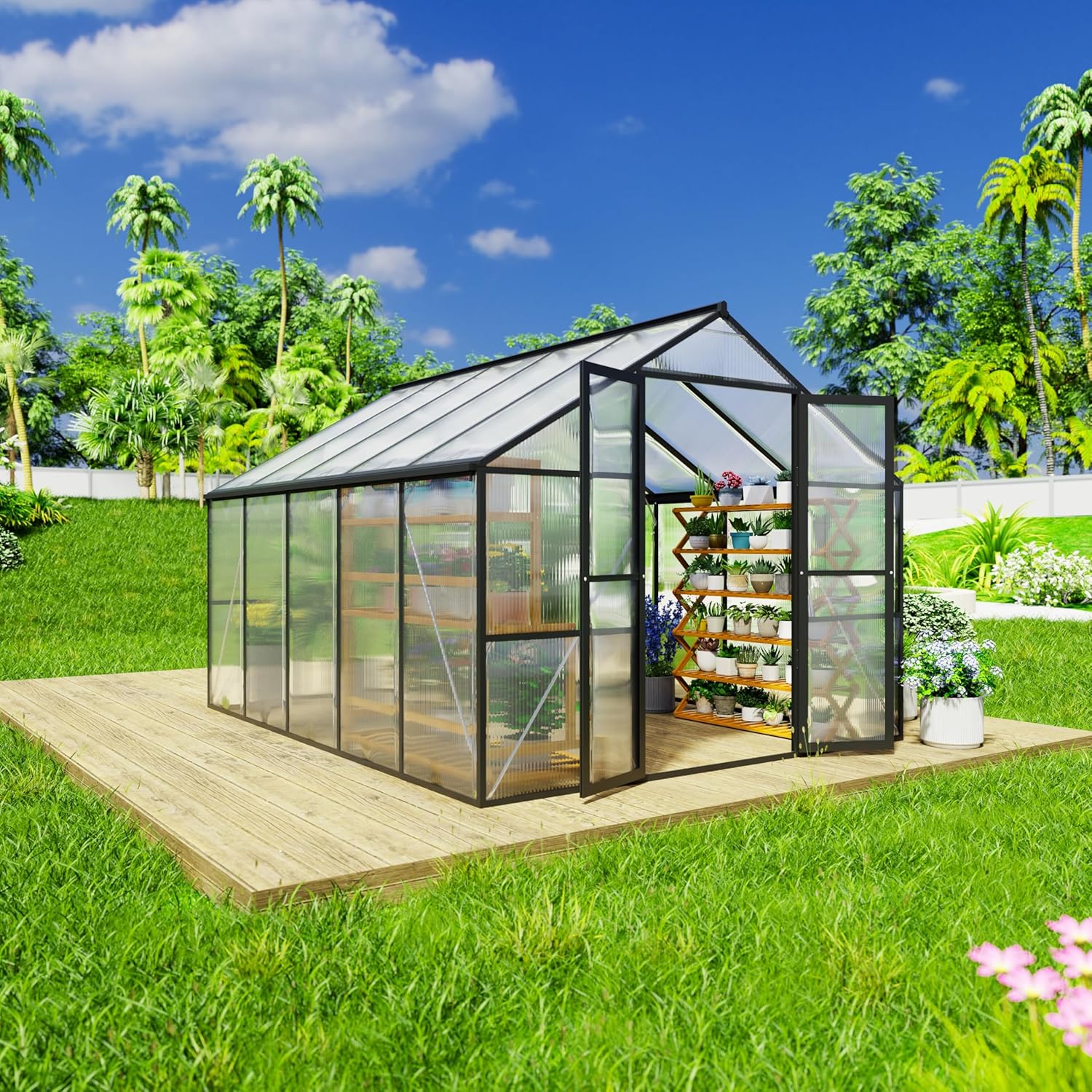 8 x 10 FT Outdoor Greenhouse, Heavy-Duty Polycarbonate Greenhouse with Aluminum Frame, Lockable Door, Adjustable Roof Vent, Walk-in Green House for Backyard, Garden, Patio