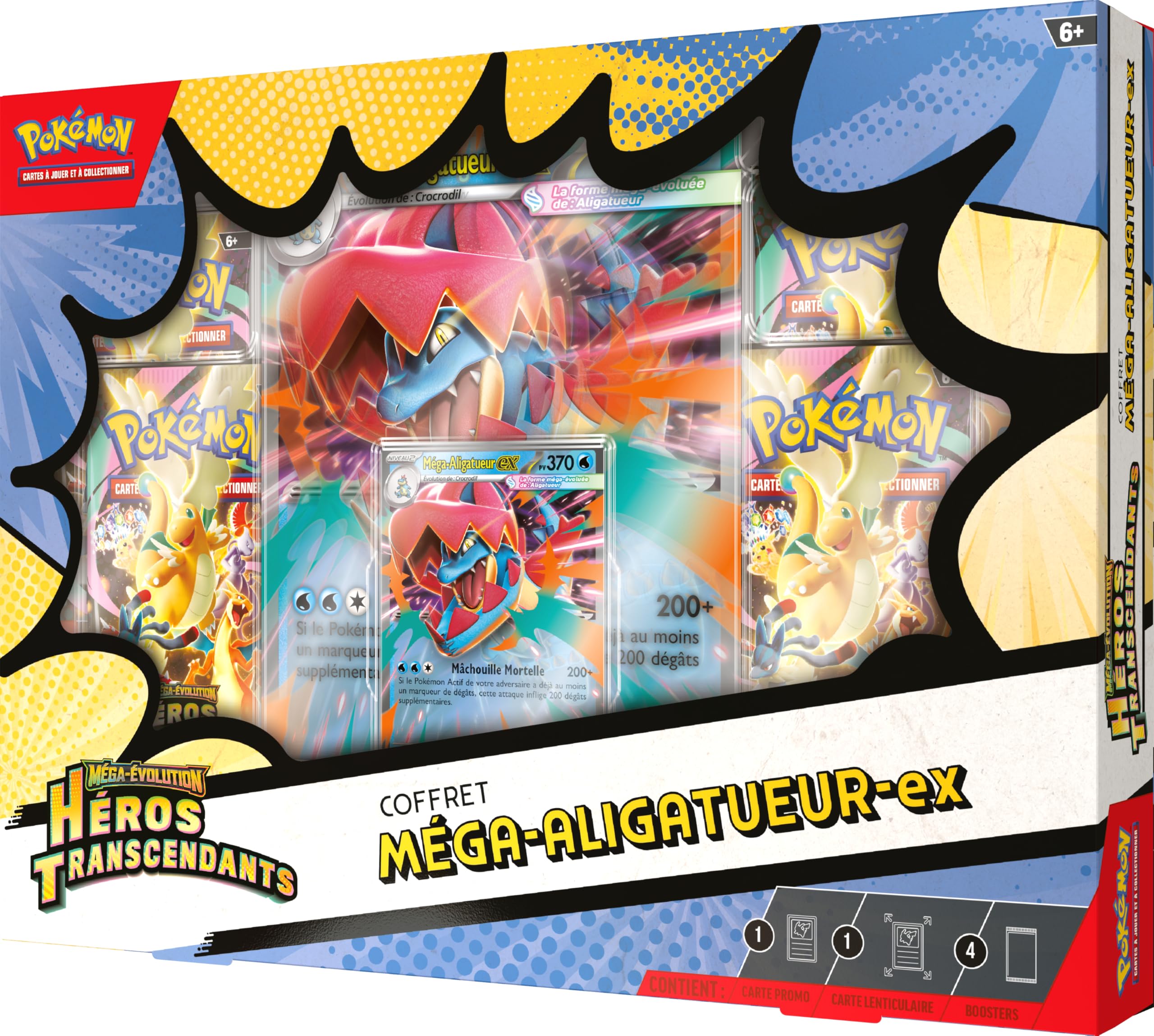 Pokémon : Coffret Méga-Évolution – Héros Transcendants – Méga-Aligatueur-ex (1 Carte Promo Brillante, 1 Carte Grand Format lenticulaire et 4 boosters)