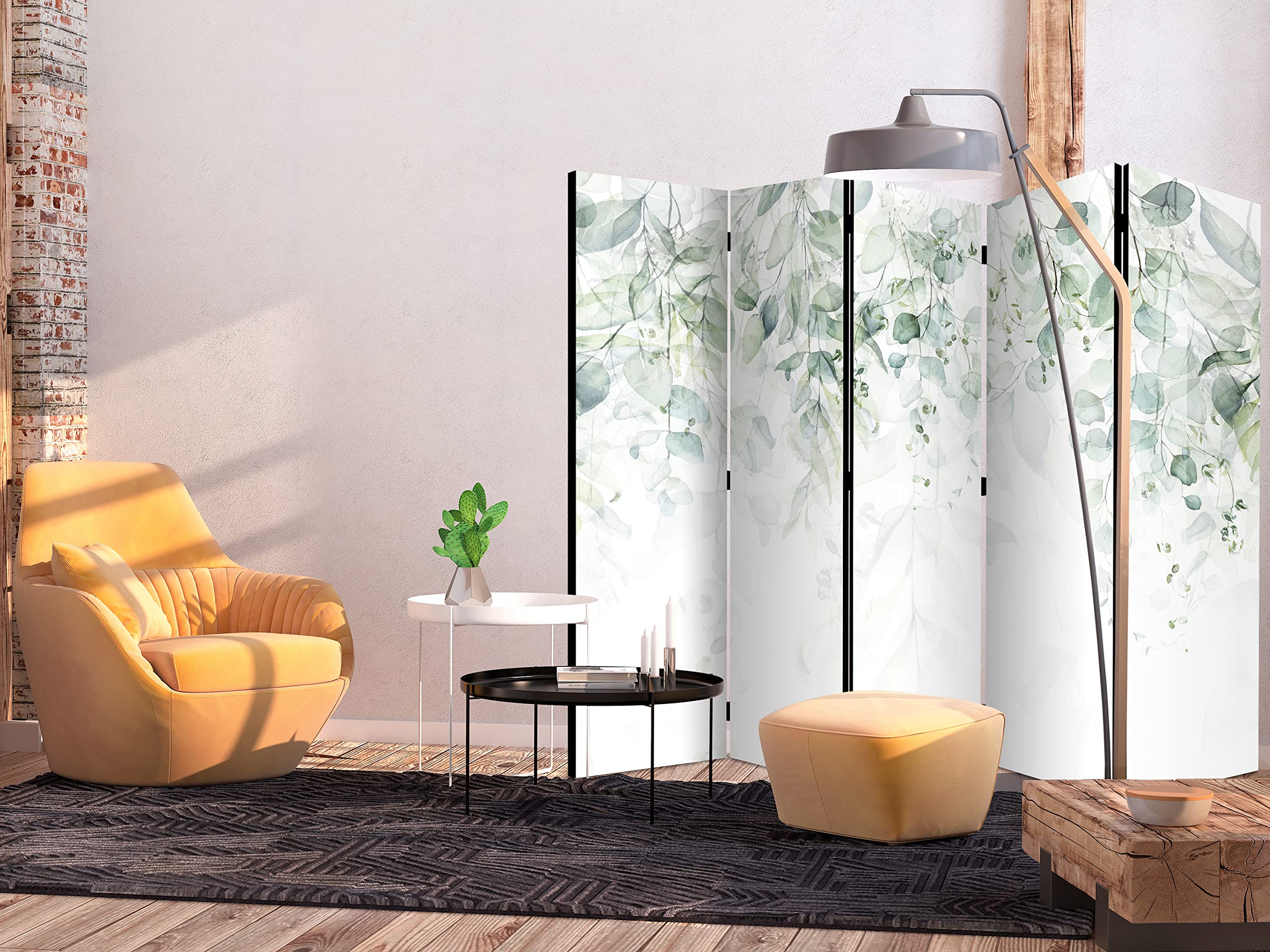 decomonkey Paravent décoratif intérieur Plante Gris Vert 225x172 cm | Cloison de séparation, Paravent en Bois, seul côté, Forêt Jungle Arbres Feuilles Nature Tendances Couleurs de