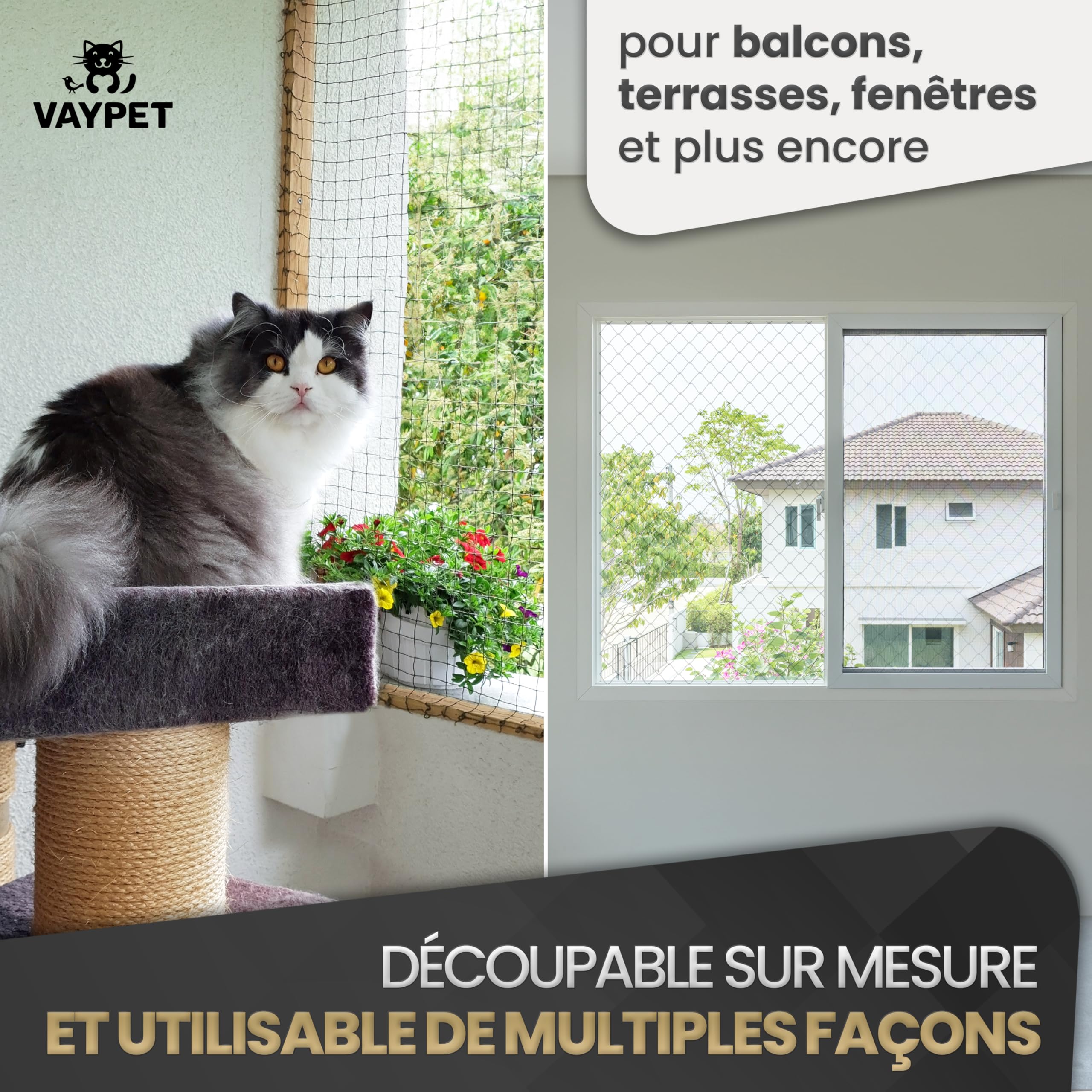 VAYPET® Filet Chat Balcon sans Perçage [4x3m] - Filet Balcon renforcé | Crochets + Colle inclus | Filet résistant aux intempéries | Filet Protection Chat pour Balcon, Fenêtre, Terrasse