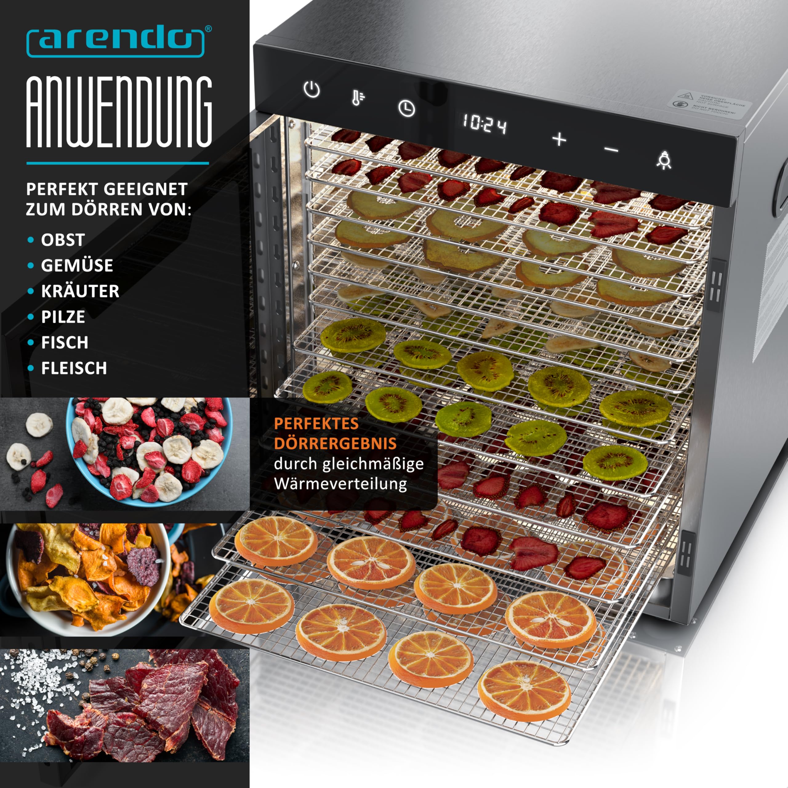 Arendo - Dörrautomat Edelstahl mit 12 Edelstahlgitter - 800 W - 30°- 90°C - 12 Edelstahl Einlegetabletts mit insgesamt 10.000 cm² - Dörrgerät Dehydrator Obsttrockner Dörrapparat - Obst Fleisch Pilze