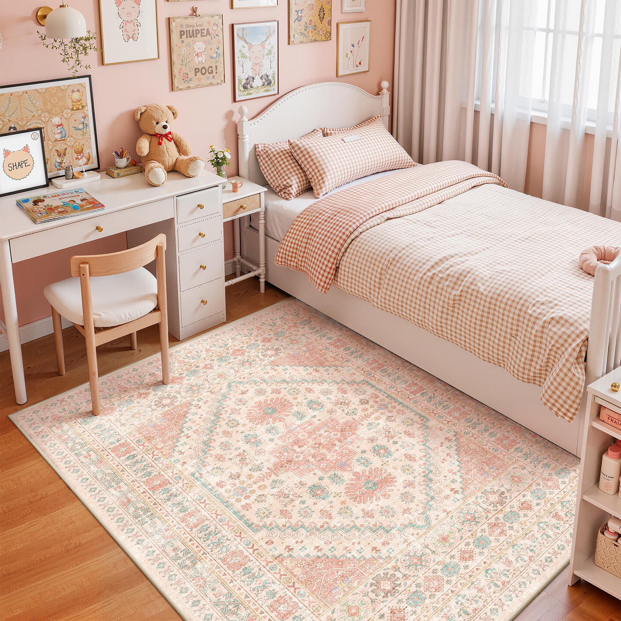 zesthome 6x9 Washable Rugs for Baby Girl, Super Soft Pink Rugs for Nursery Room, Non-Slip Stain Resistant Bedroom Rugs, Ultra-Thin Large Area Rugs (Pink/Blue,6'x9')