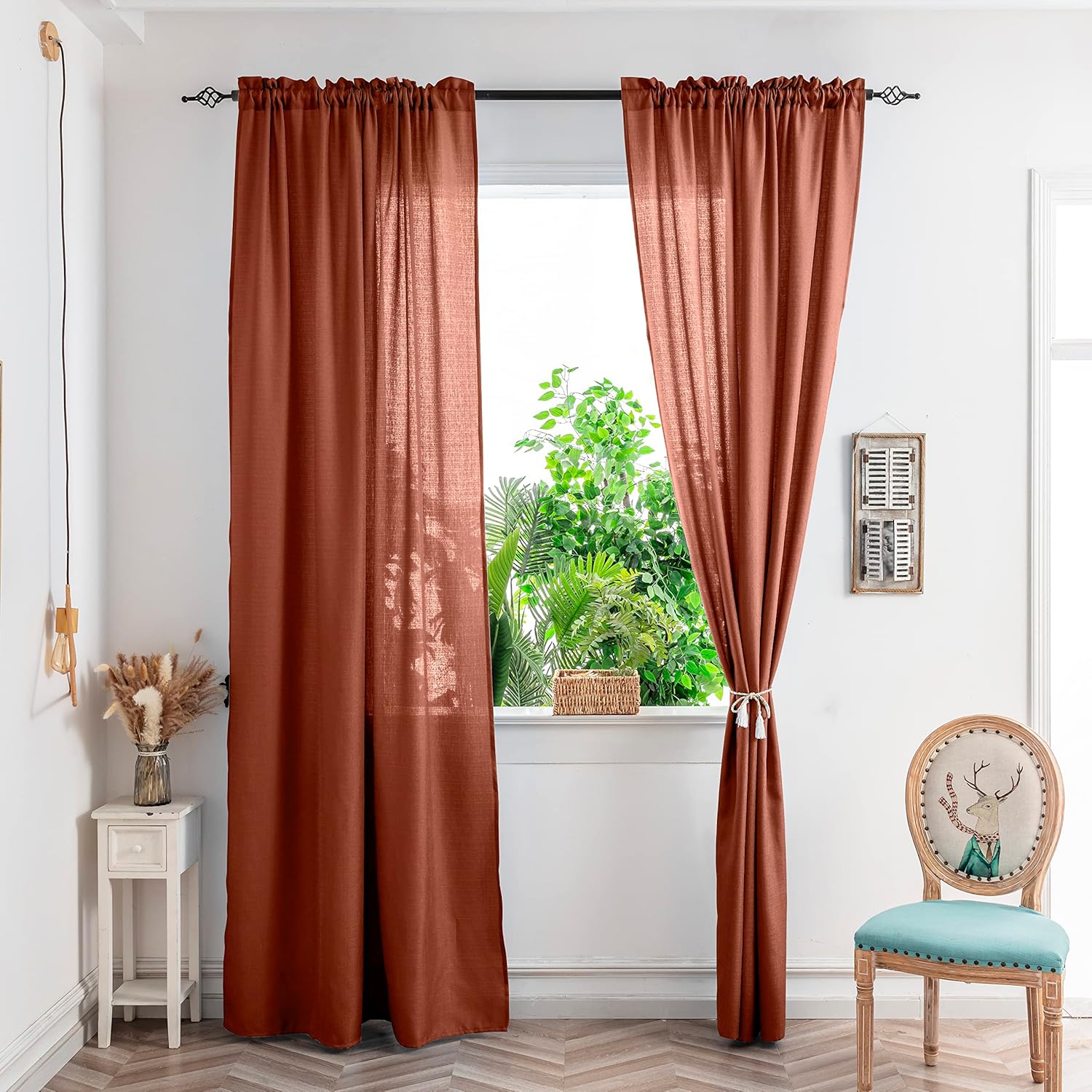Yancorp Terracotta Curtains 96 Inch Length for Living Room 2 Panels Linen Textured Sheer Curtain Set Light Filtering Semi Sheer Drapes Curtains for Bedroom(Terracotta,W52 X L96)