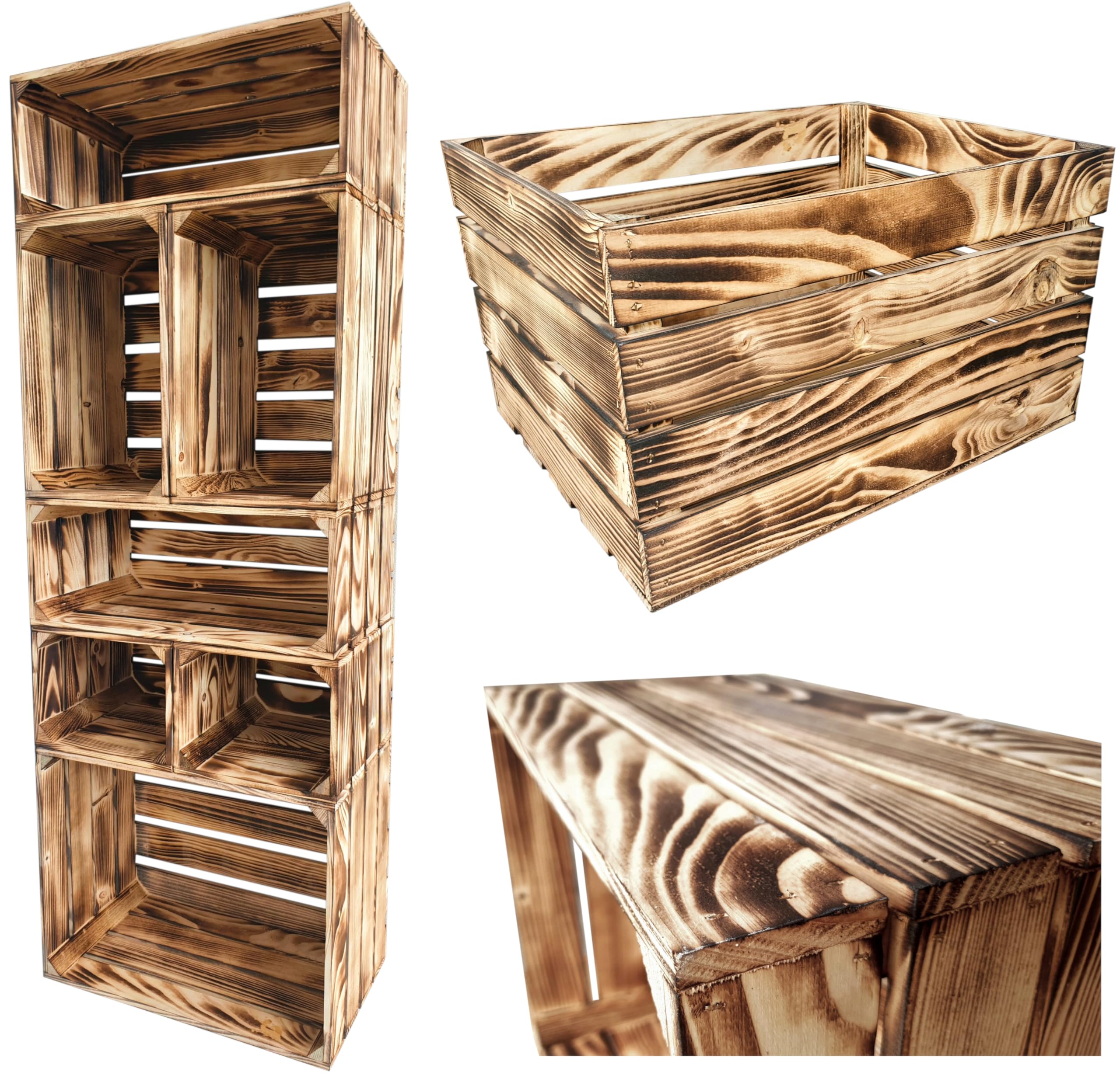 Holzkisten Reg 4er Set 50 x 40 x 30cm Geflammt | Dekokisten aus Holz Massive Holzkiste Regalkiste Weinkiste