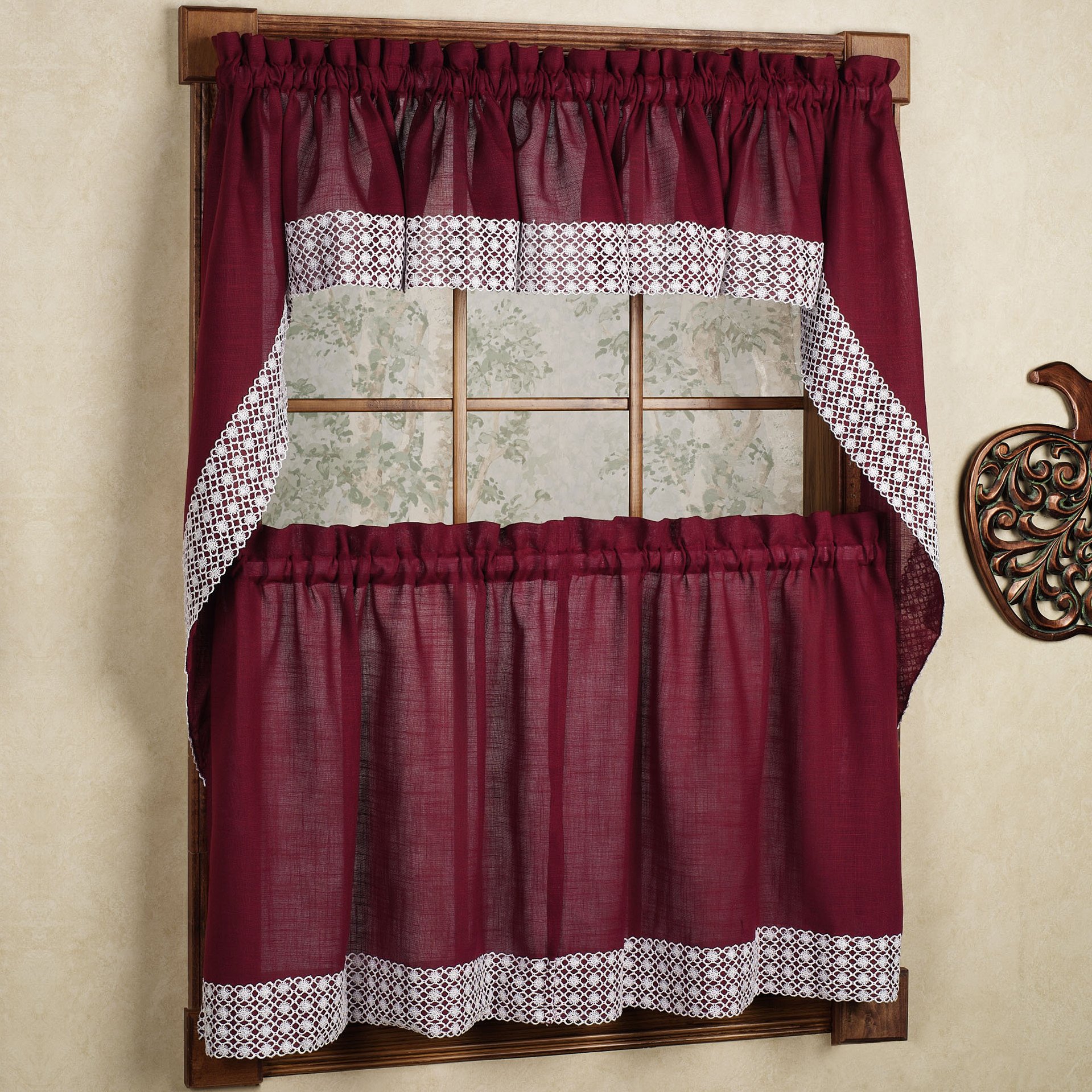 Sweet Home Collection Kitchen Curtains for Windows 40+ Styles &amp; Colors Swag, Valance, Tier Sets &amp; Panels Cafe Curtains for Farmhouse, Rustic, Modern Décor, Salem Burgundy, 36" Tier Valance Set
