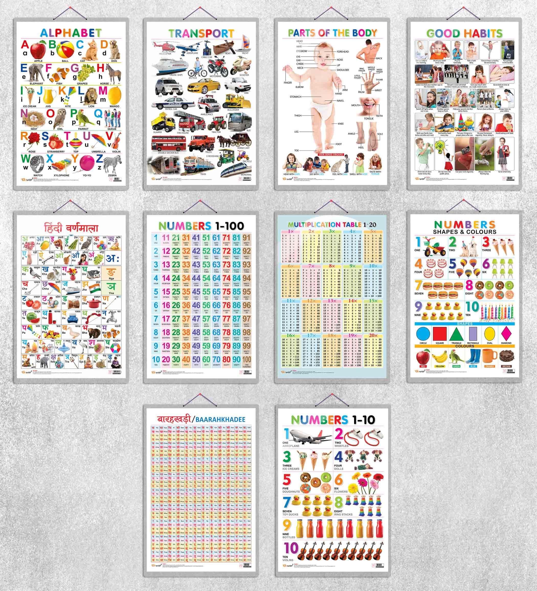 Alphabet, Transport, Parts of the Body, Good Habits, Hindi Varnamala, Baarahkhadee, Numbers 1-10, Numbers, Shapes & Colours, Numbers 1-100 and Multiplication Table 1-20| set of 10 hard laminated charts|Mastering the Essentials: Alphabet, Transport, Body Parts & More