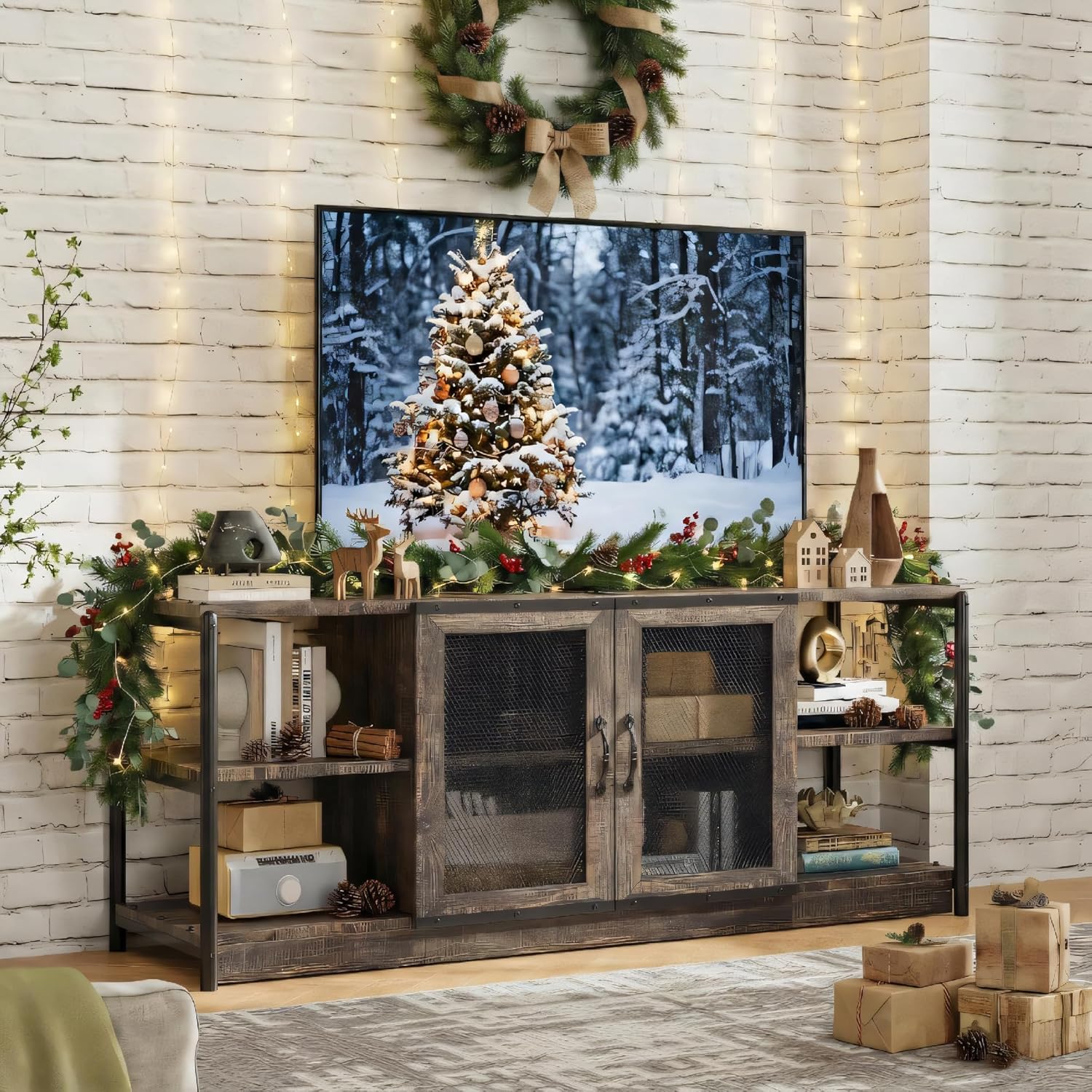 IDEALHOUSE Farmhouse TV Stand for 65/75 Inch TVs, Vintage TV Cabinet with 2 Mesh Doors and 4 Open Shelves, Rustic Entertainment Center for Living Room, Bedroom (Rustic Oak, 63 in)