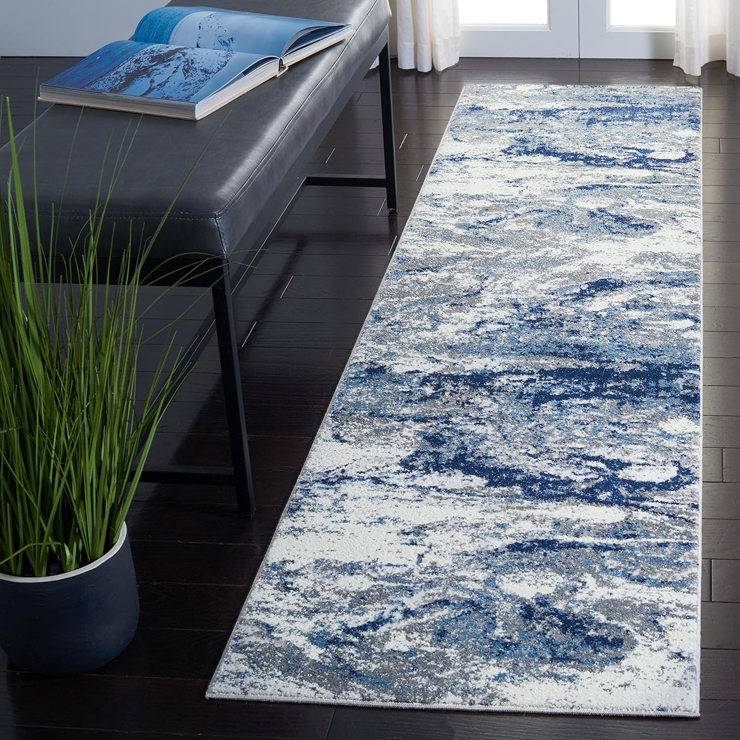 SAFAVIEH Lilypond Collection Runner Rug - 2' x 8', Grey & Blue, Modern Abstract Fringe Design, Non-Shedding & Easy Care, Ideal for High Traffic Areas in Living Room, Bedroom (LLP883F)