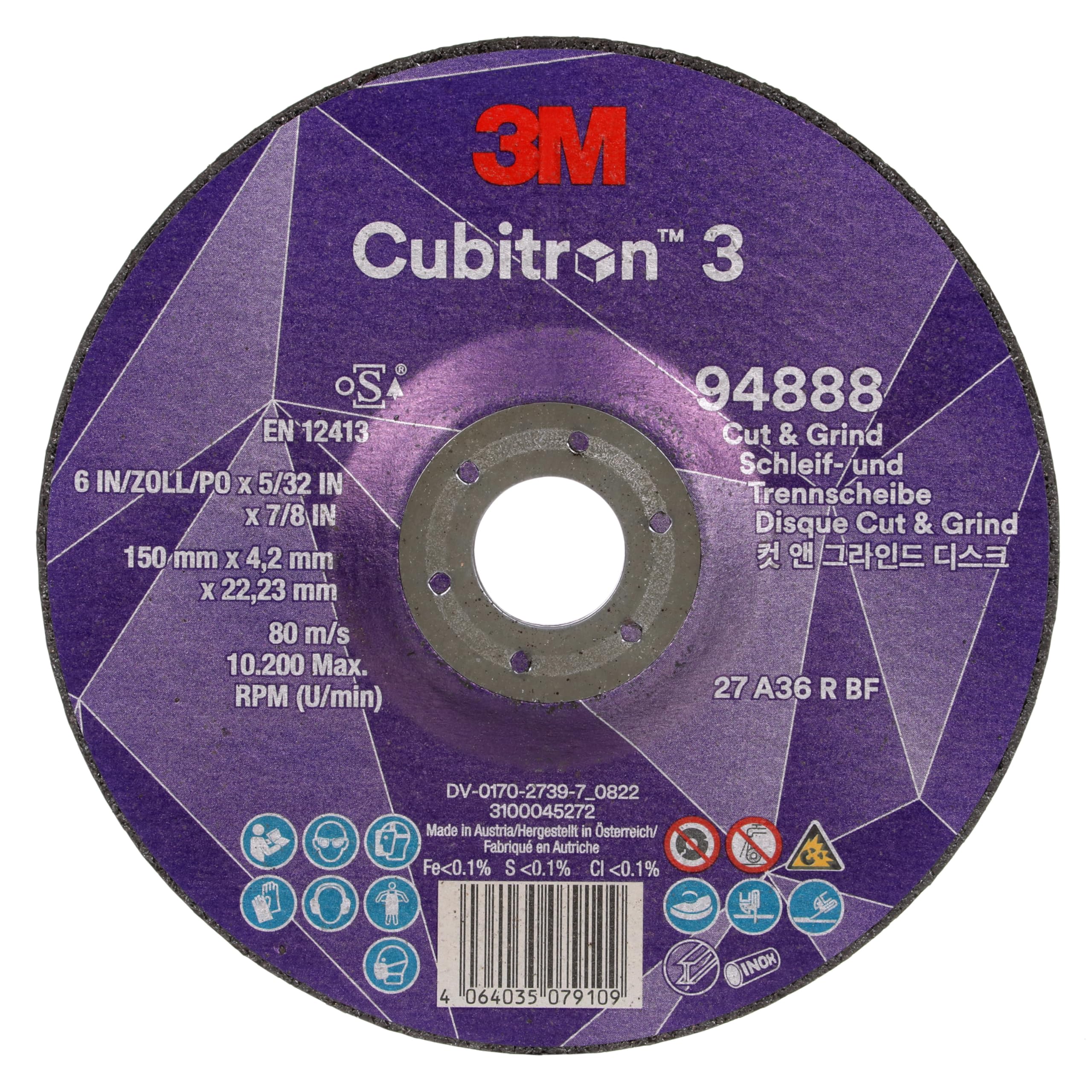 3M Cubitron 3 Disco de Corte y Desbaste, 94888, 36+, T27, EN | 150 mm x 4.2 mm x 22.23 mm, Paquete de 10 Unidades