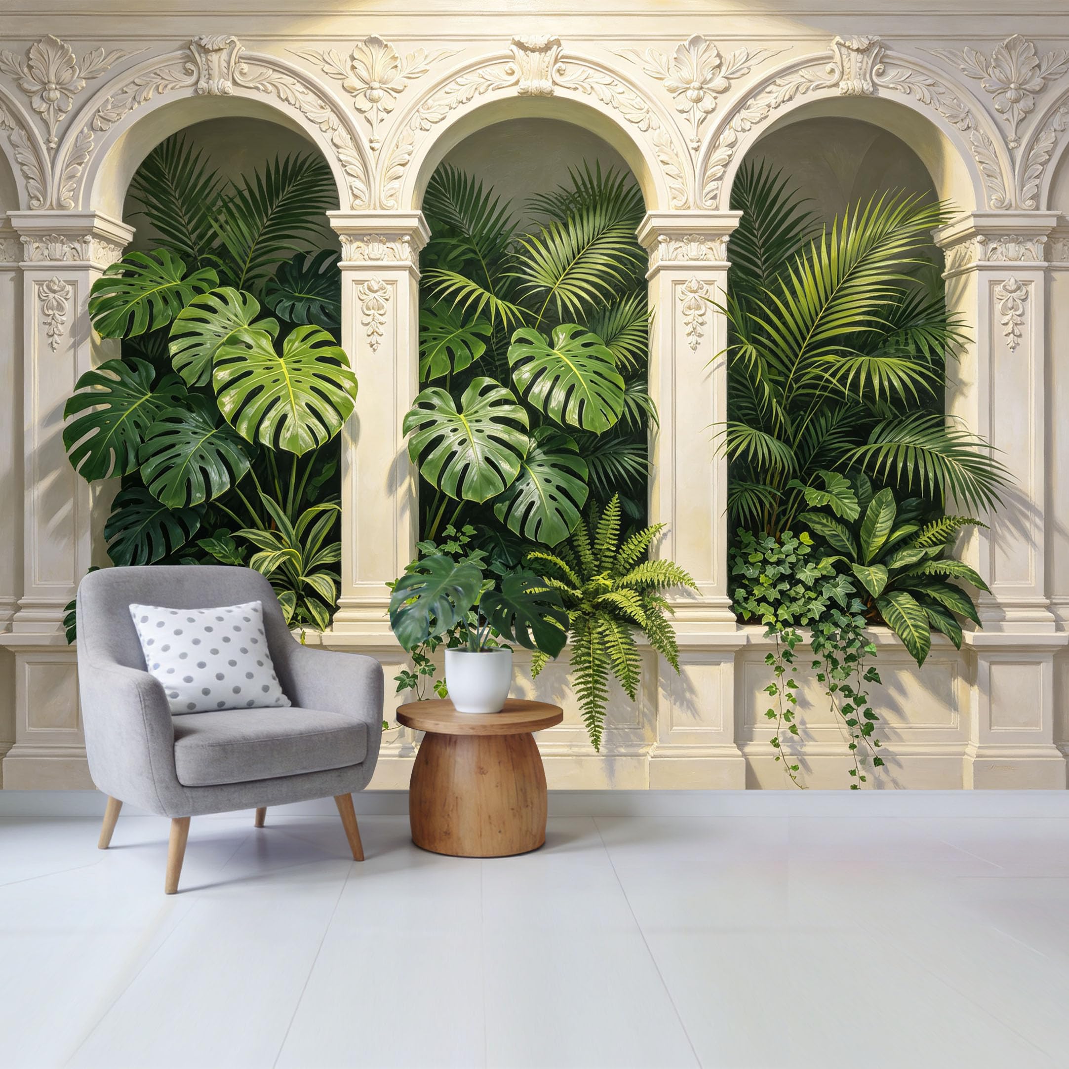 Custom Size Wall Mural Tropical Botanical Palm Monstera Ivy Arch Pattern Removable Self Adhesive Fabric Home Wall Decor for Living Room Bedroom Bathroom