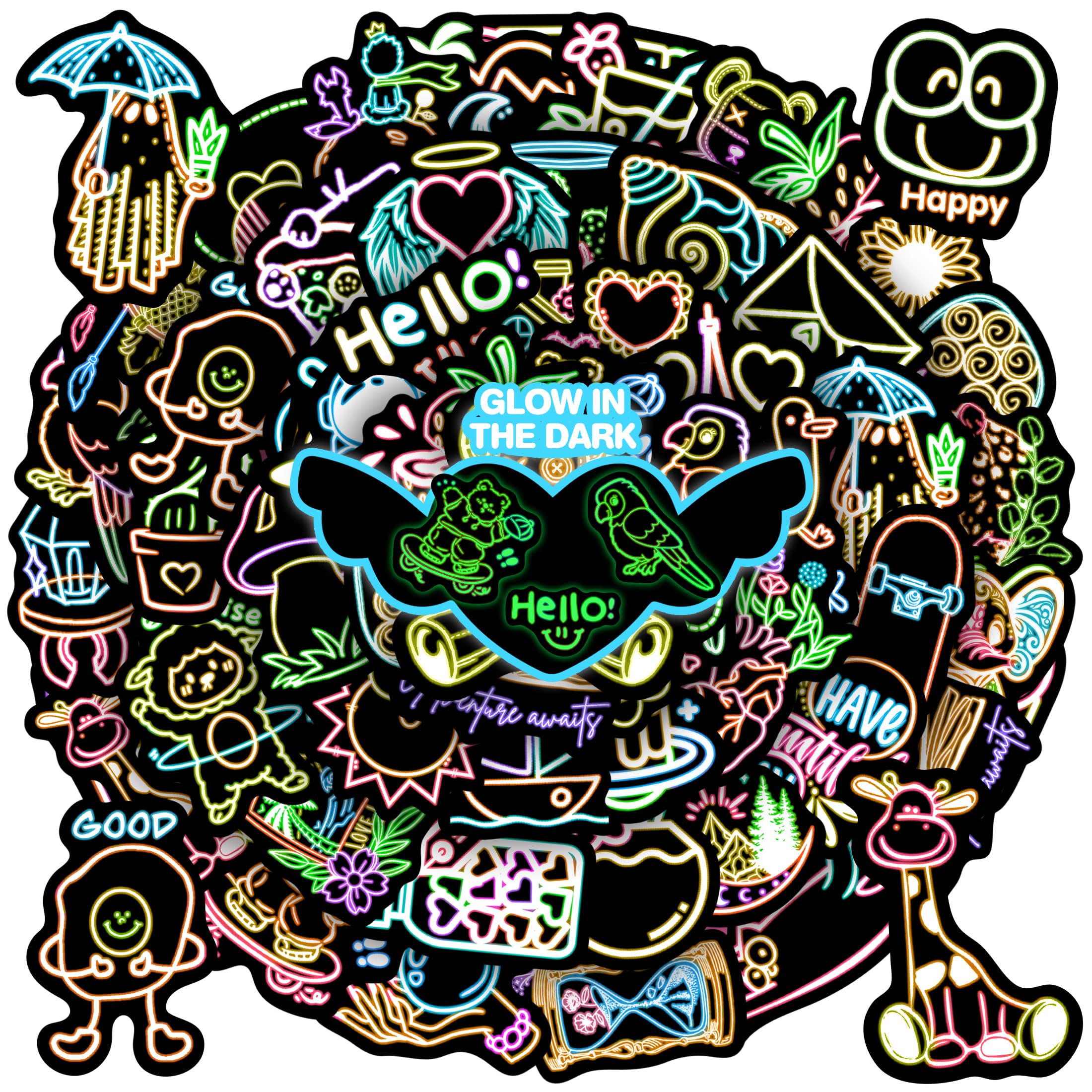 51 Pcs Glow in The Dark Cool Neon Stickers for Water Bottles, Cute Funny Kids Adults Teens Sticker Pack, Waterproof Vinyl Laptop Decals, Skateboard
