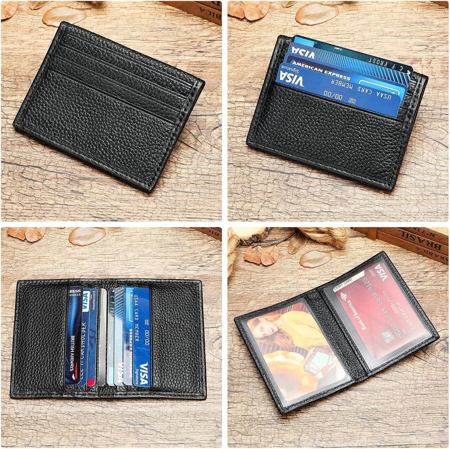 Genuine Leather Slim Card Holder Portable Mini Wallet Compatible With Men Women(Black)
